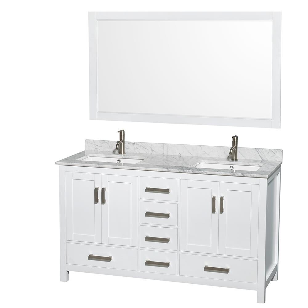 Wyndham Collection Sheffield 60-in White Undermount Double Sink Bathroom  Vanity with White Carrera Natural Marble Top (Mirror Included) at 