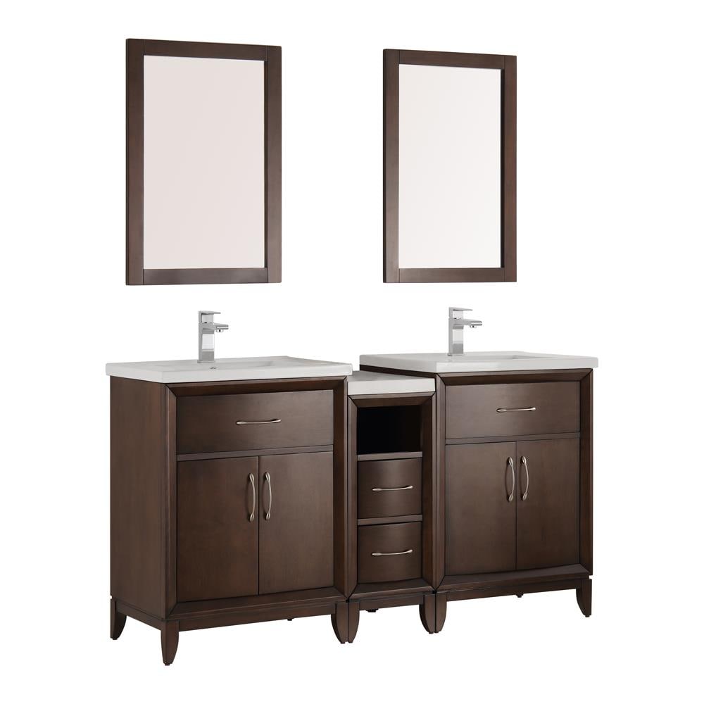 Fresca FVN21-241224AC Cambridge 60-in Antique coffee Double sink Bathroom Vanity with White Ceramic Top (Mirror Included)