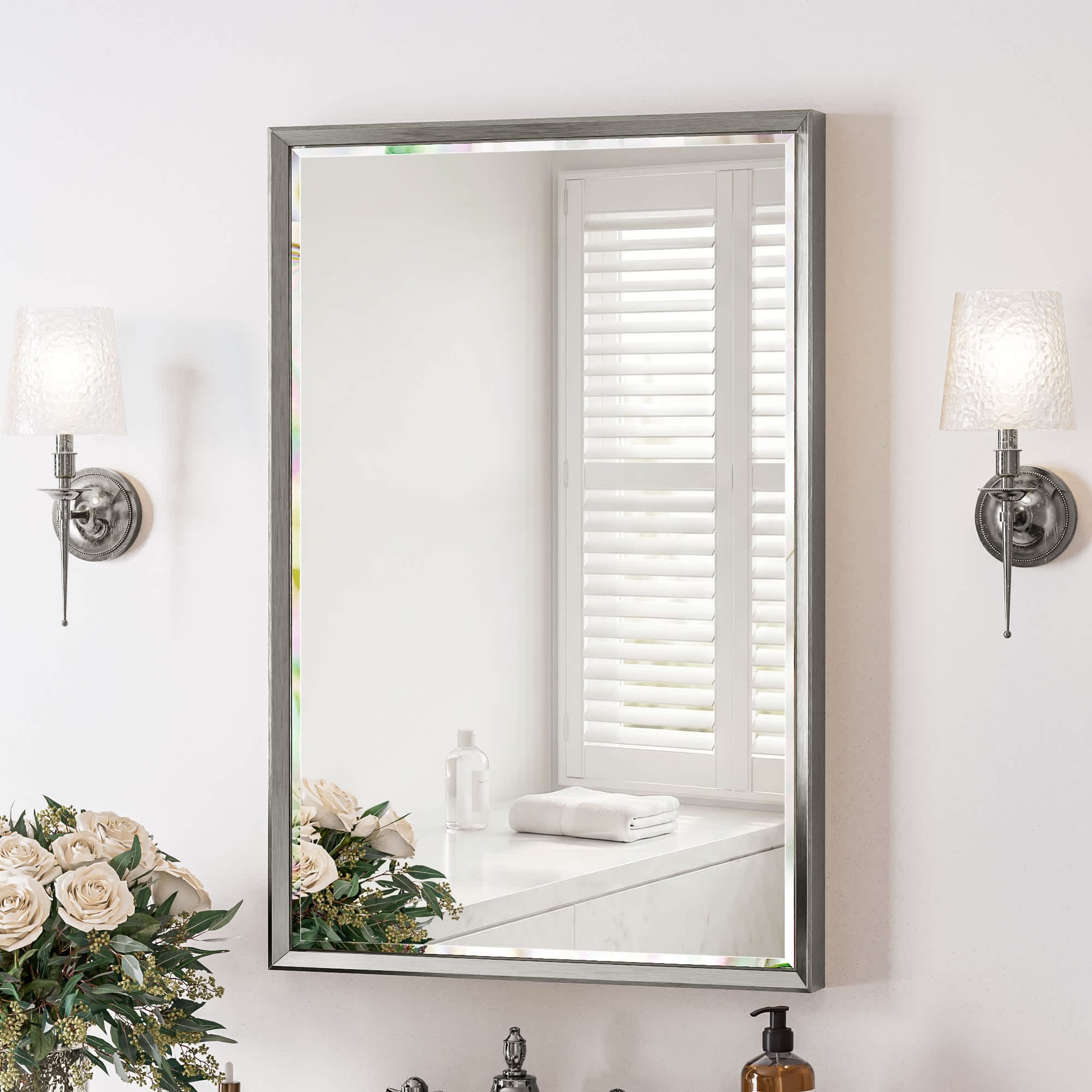 Aok Garden - 24 in x 36 in Framed Rectangular Brushed Nickel Wall Mounted Double Beveled Frame Va...