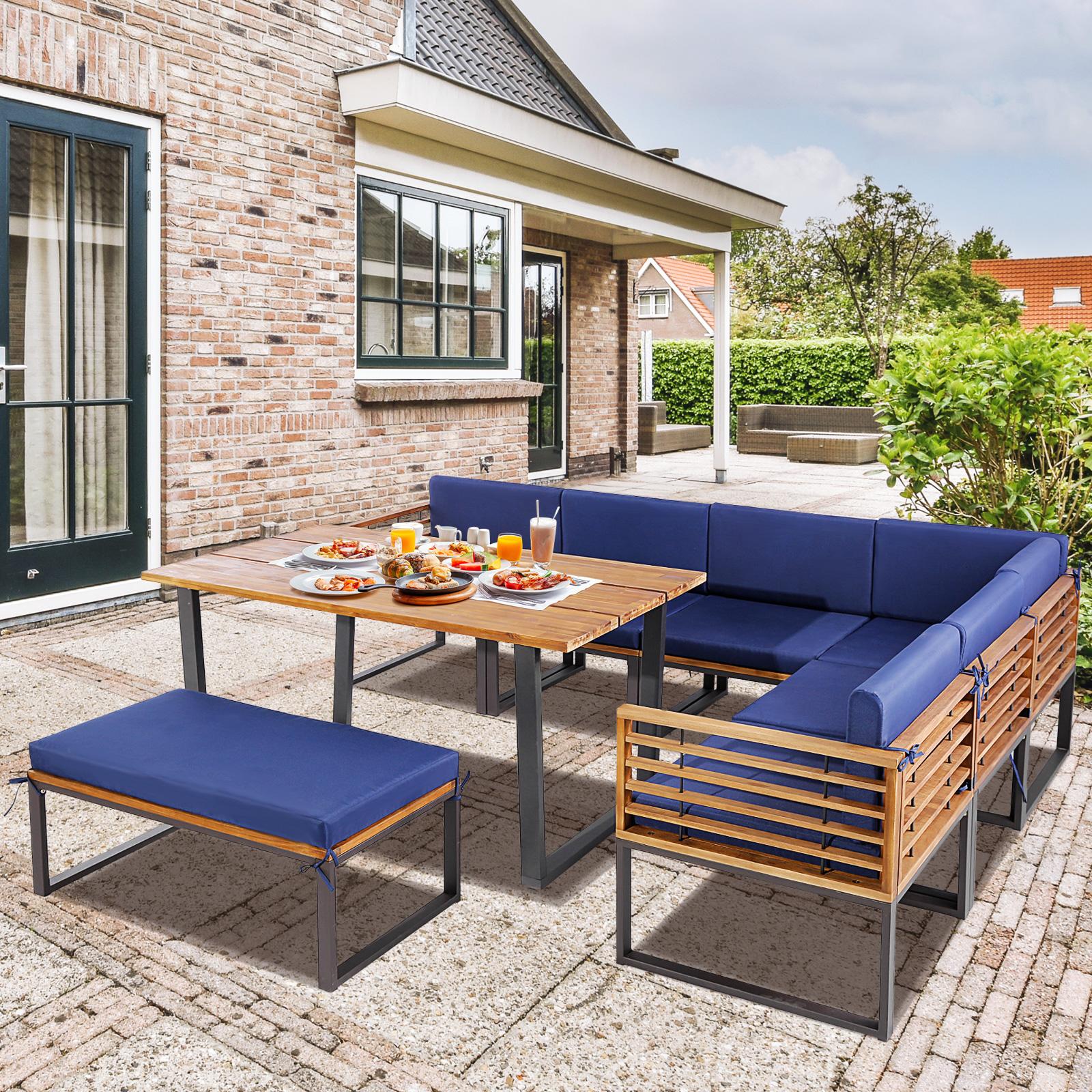 BABOOM BOM-1004NY+-CO Outdoor Dining Set 8 -Piece Natural Patio Dining Set Wood Rectangle Table with 6 Navy Cushions Stationary Chairs