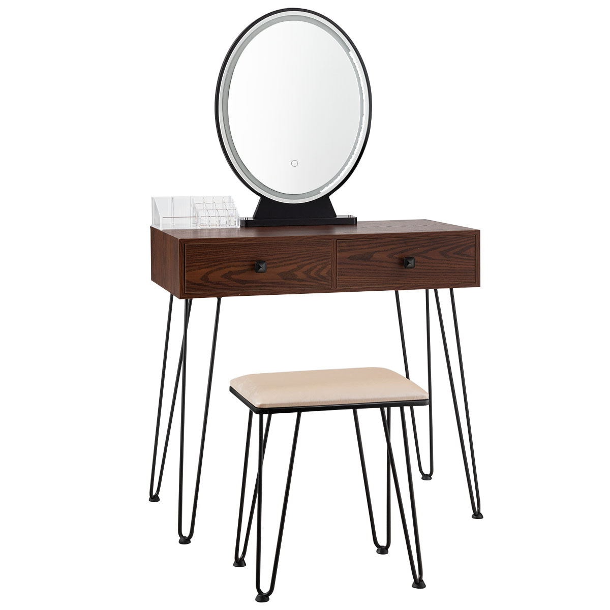 Slickblue D-CO-FC88066WH 31.5 Inch Walnut/Rustic Brown/White Makeup Vanity with LED Lighted Mirror Two Drawers Cushioned Stool for Bedroom or Dressing Area