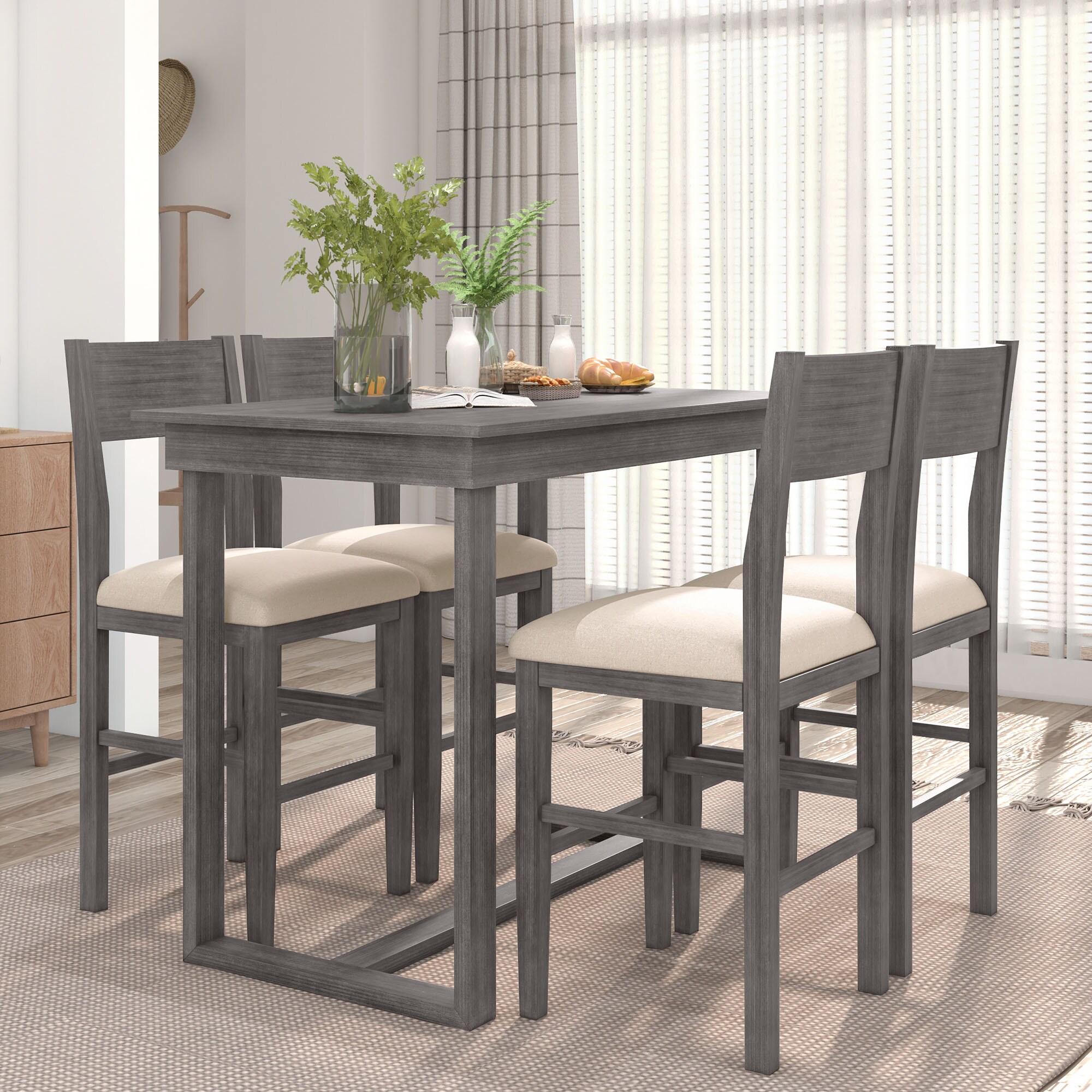 ModernLuxe SP000230AAE Farmhouse Counter Height 5 Piece Dining Table Set with 1 Rectangular Dining Table and 4 Dining Chairs for Small Places Gray