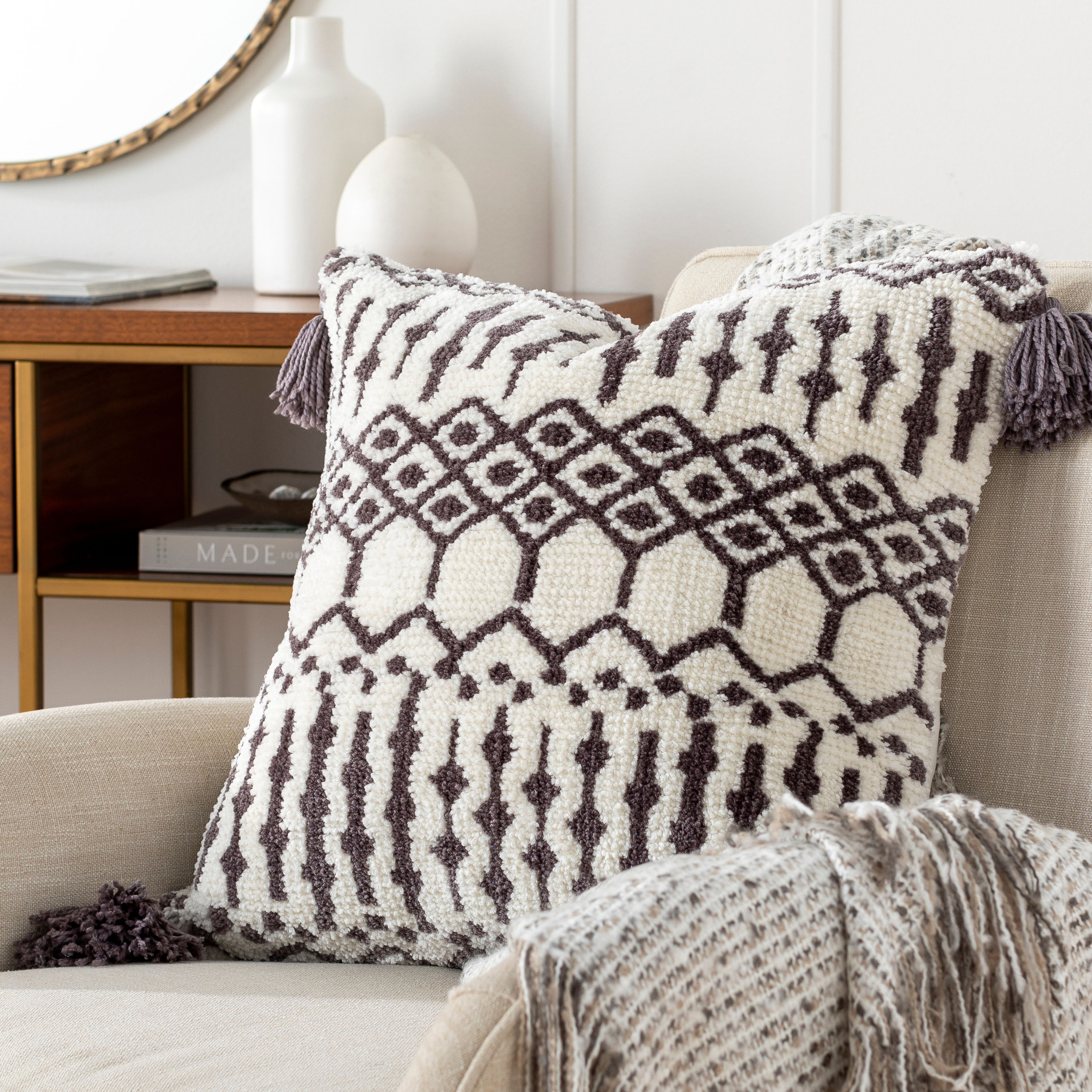 Braith 22" Charcoal and Light Beige Bohemian Pillow