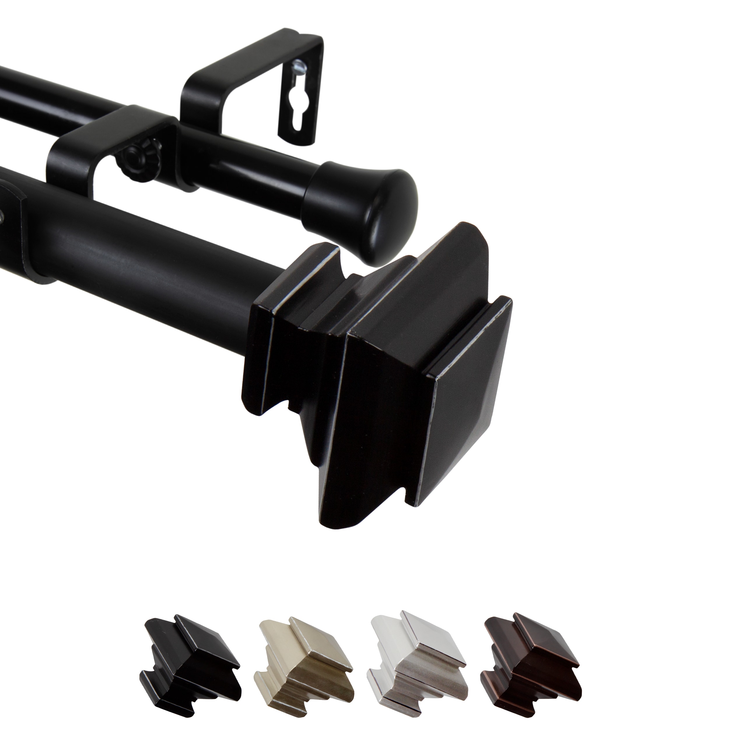 Hart & Harlow L-100-72-482-D Freya 1-in 48-in to 84-in Black Steel Double curtain rod with Finials