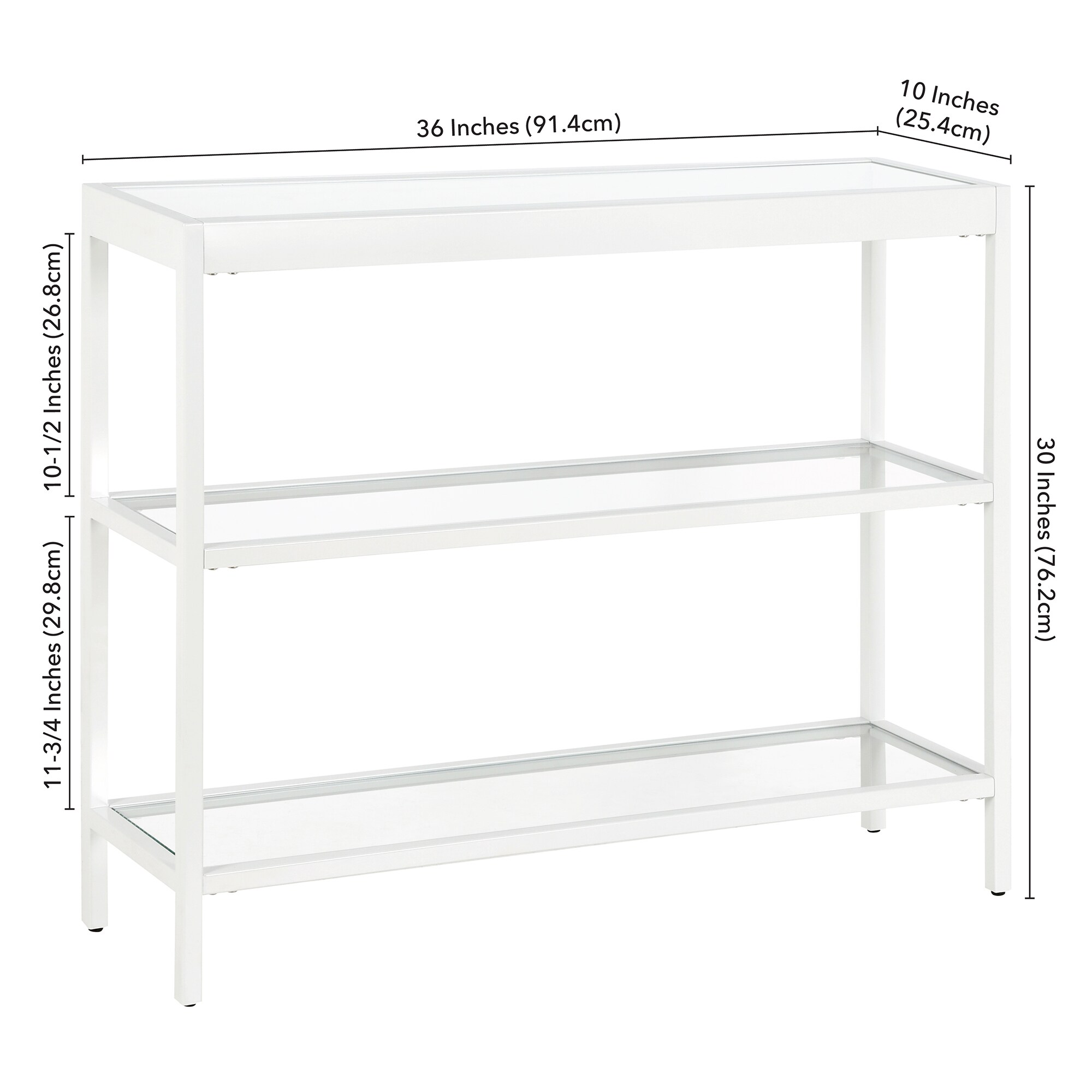 Streamlined White Metallic 36" Console Table with Tempered Glass Shelves