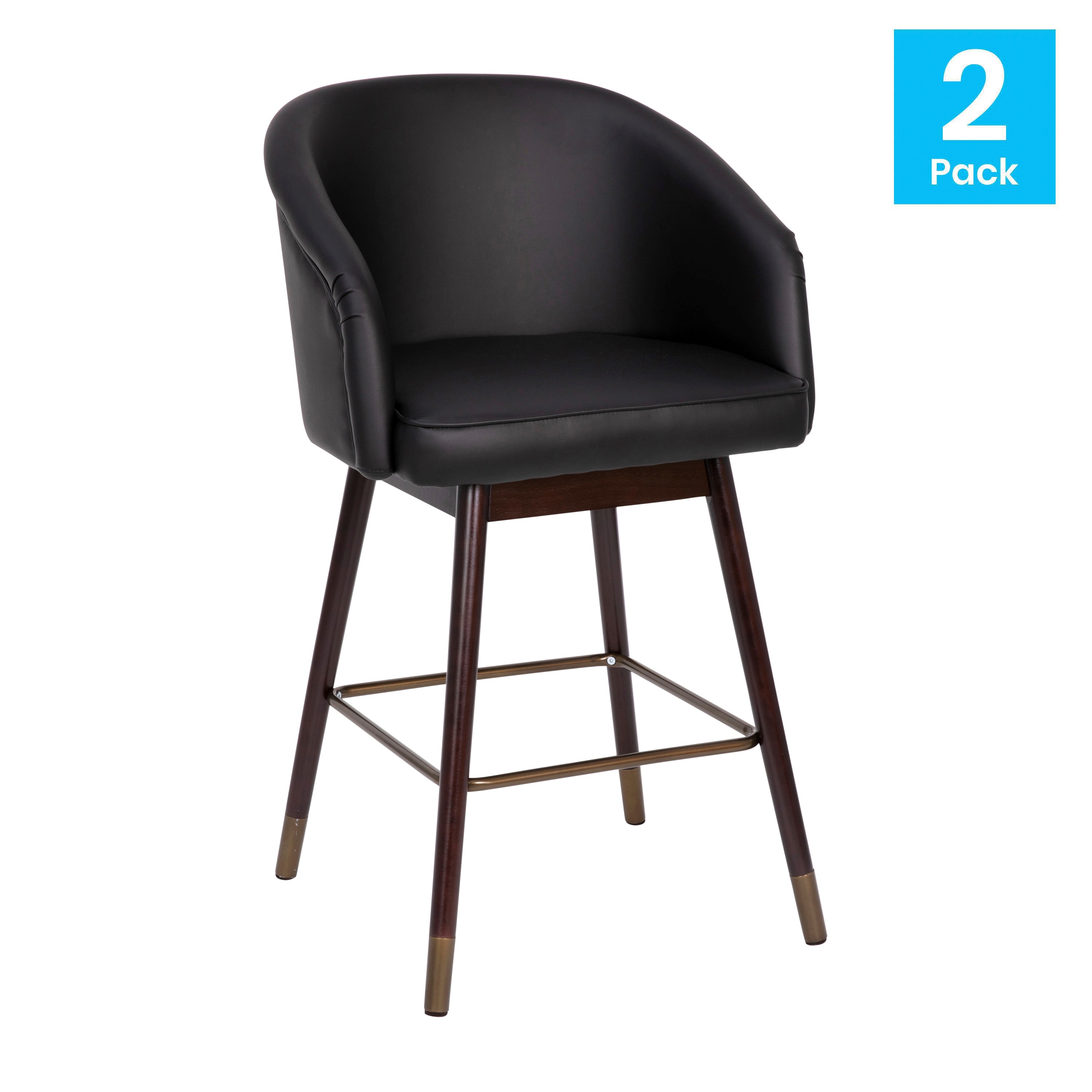 Black Leather and Walnut Wood Counter Stools with Metal Accents