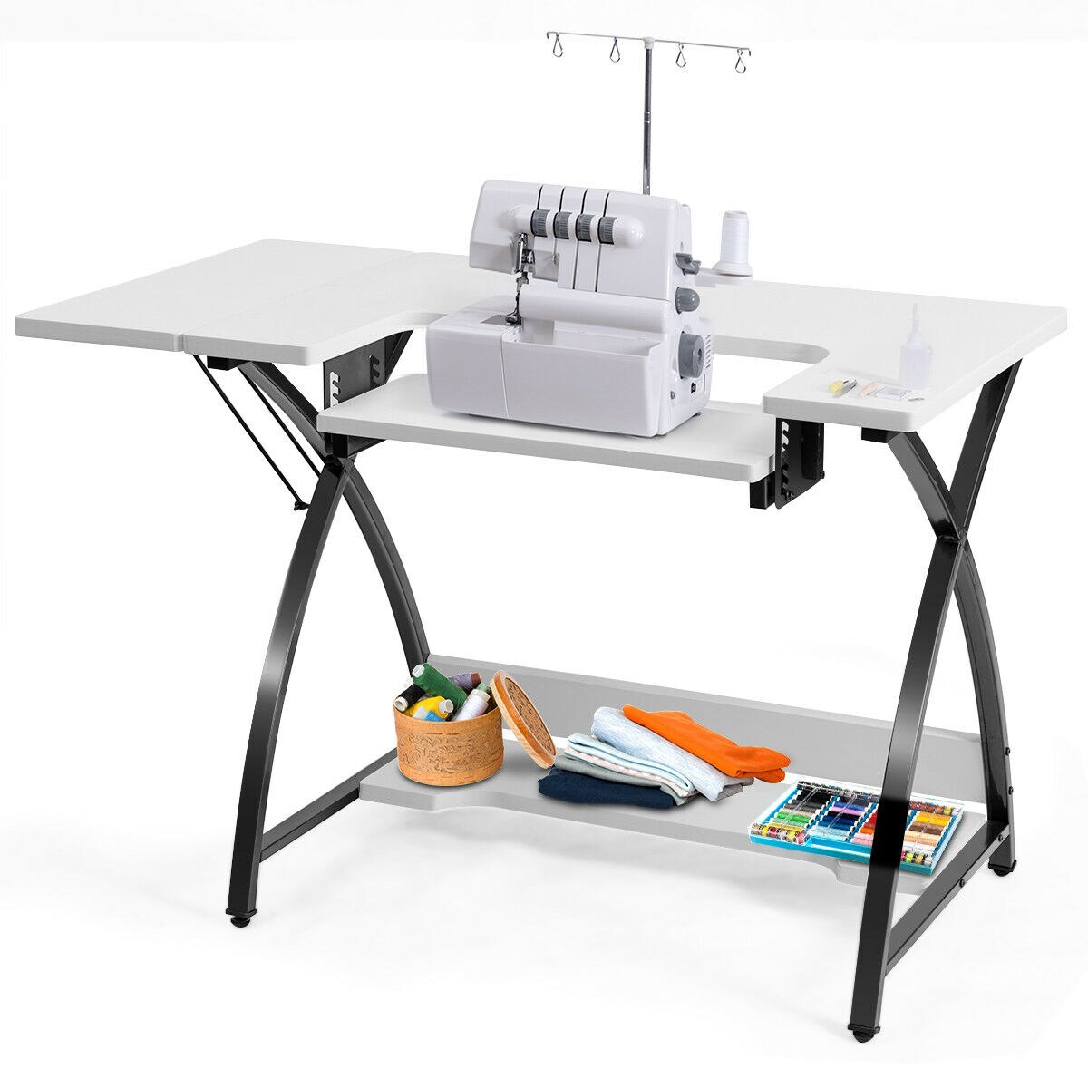 Costway Folding Sewing Table Shelves Storage Cabinet Craft Cart W