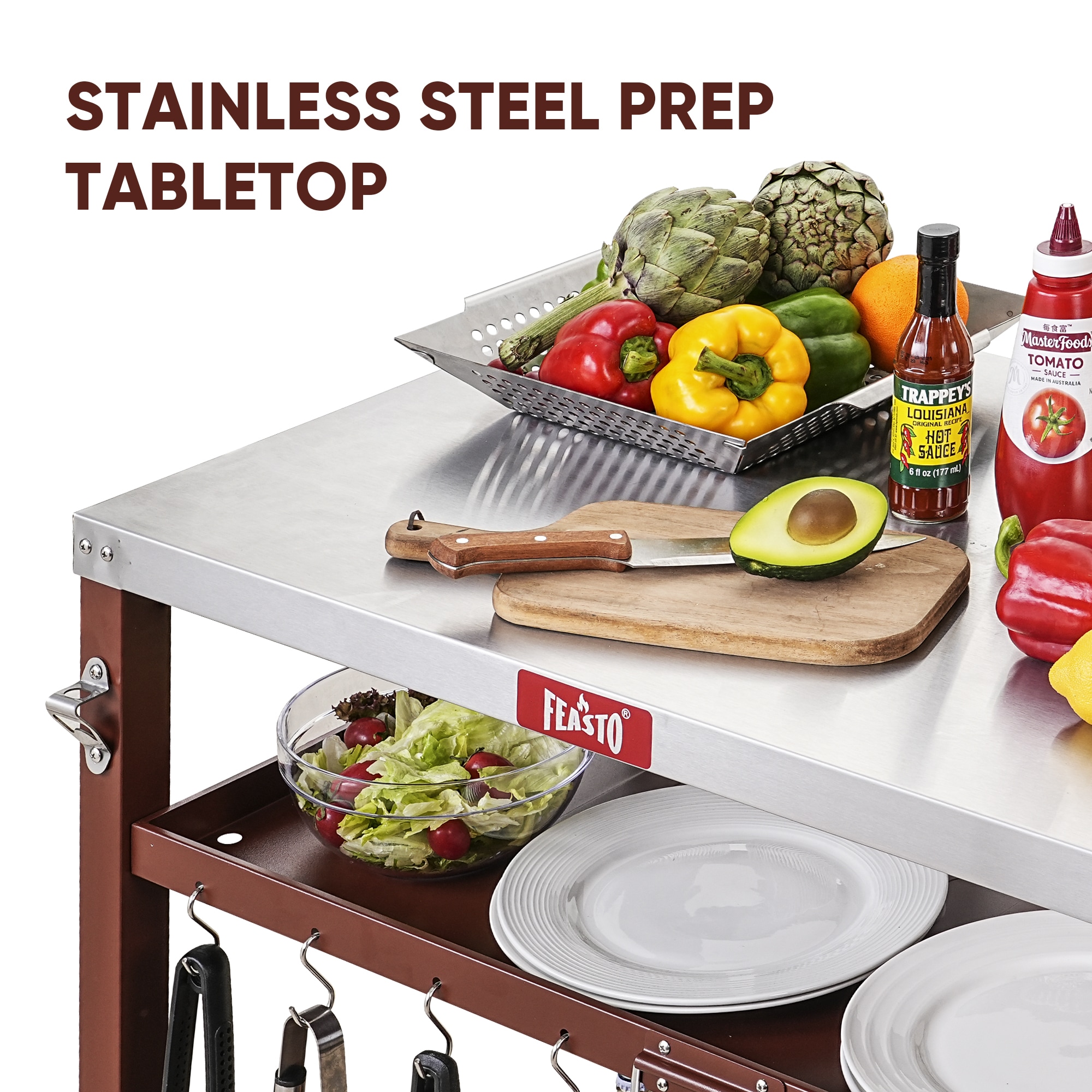 Three-Shelf Red and Stainless Steel Outdoor Grill Cart
