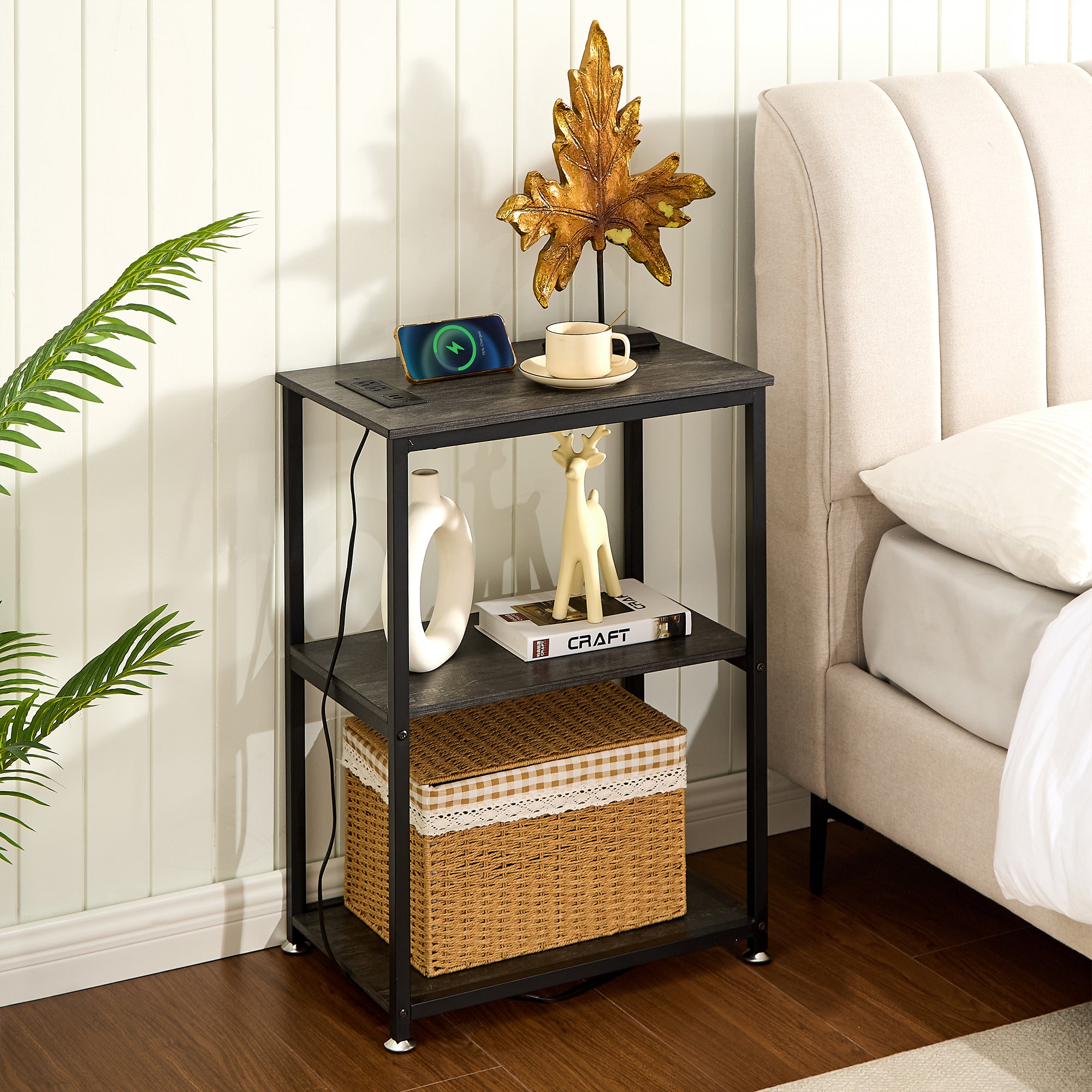 Vecelo LOE-XF-NT05-CGY-UP Tall End Side Table 30in Height Nightstand with 3 Tier Storage Shelf USB Ports and Outlets for Living Room Bedroom Office Hallway Study