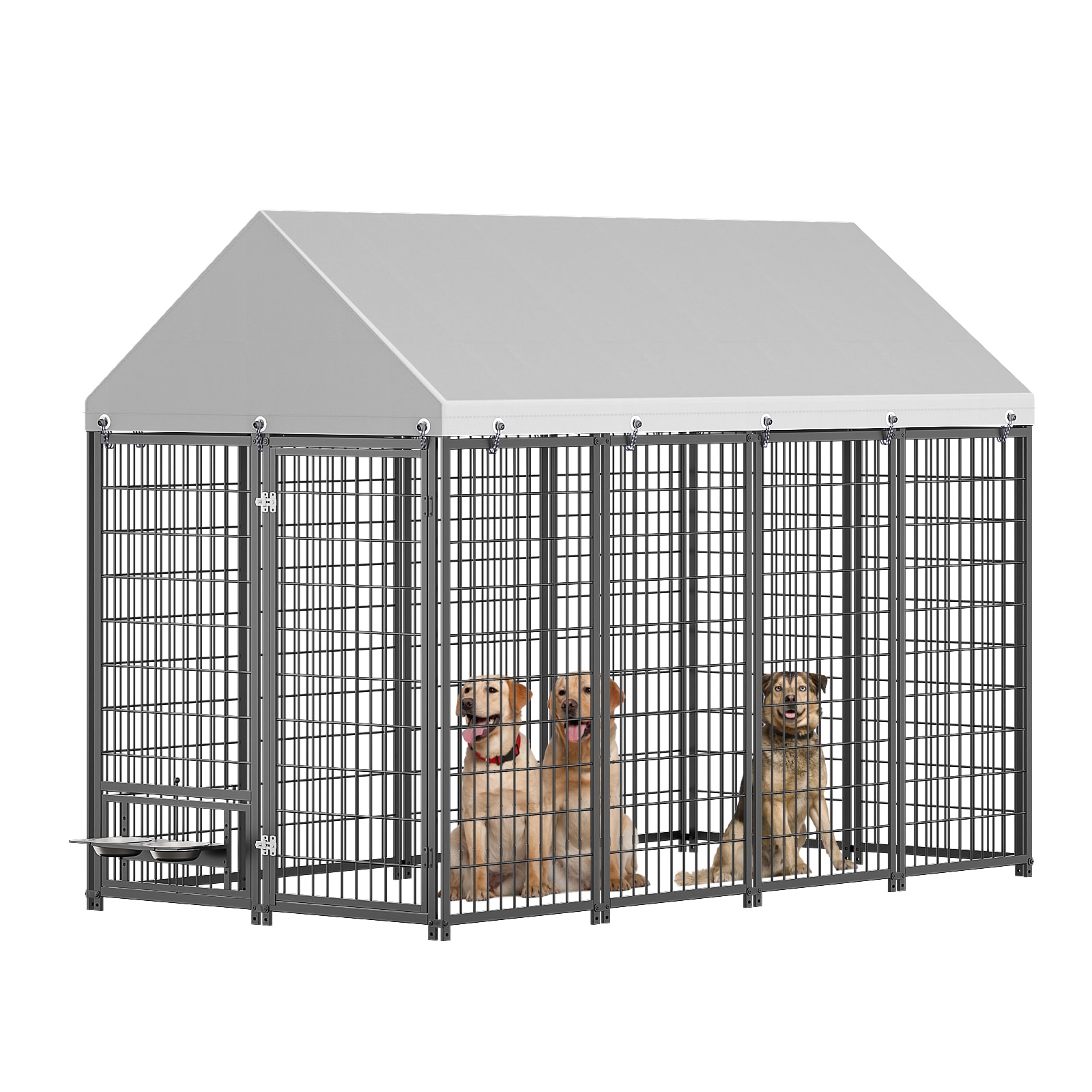 LOVMOR  Iron 4-ft L x 8-ft W x 6-ft H Outdoor Dog Kennel with Roof Cover and 2 Adjustable Rotating Feeders for Large Dogs