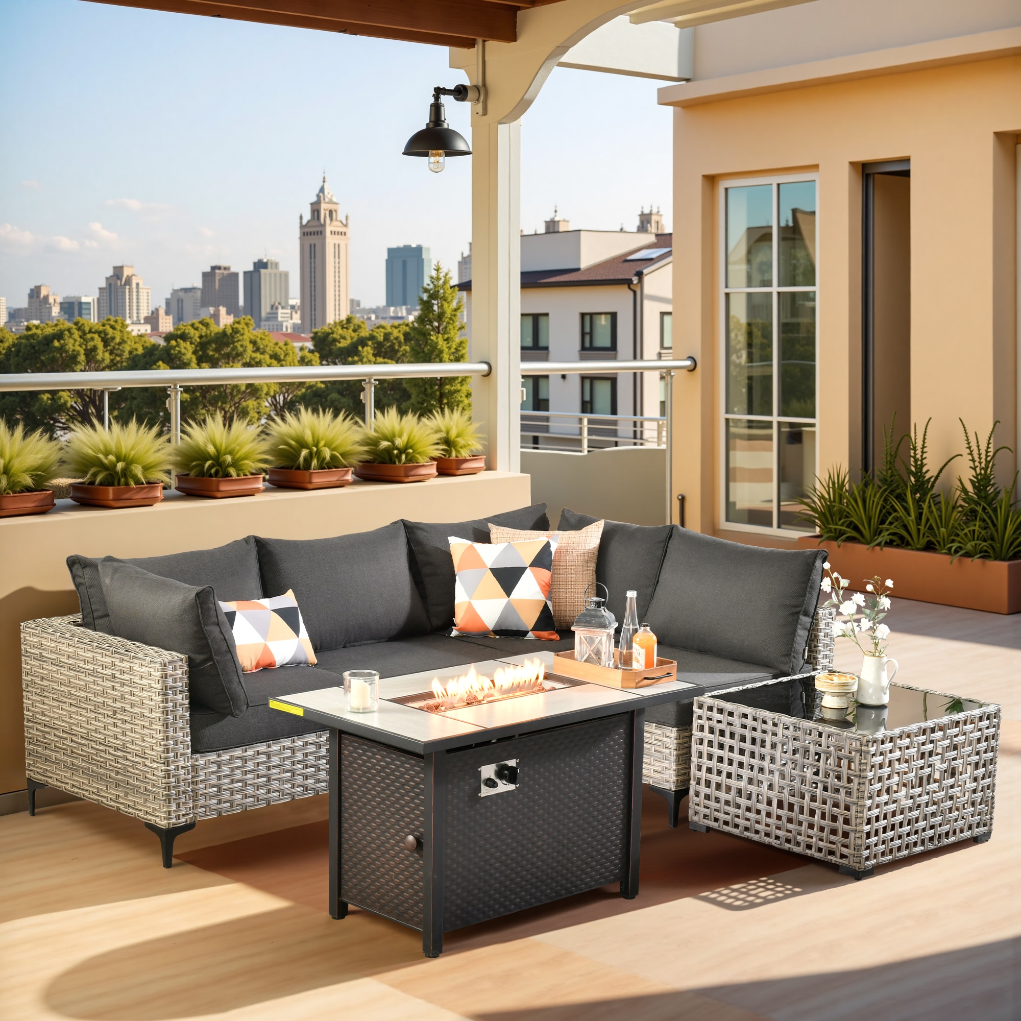 Pouuin CFPSKT105 Wicker Outdoor Sectional with Black Cushions and Wicker Frame