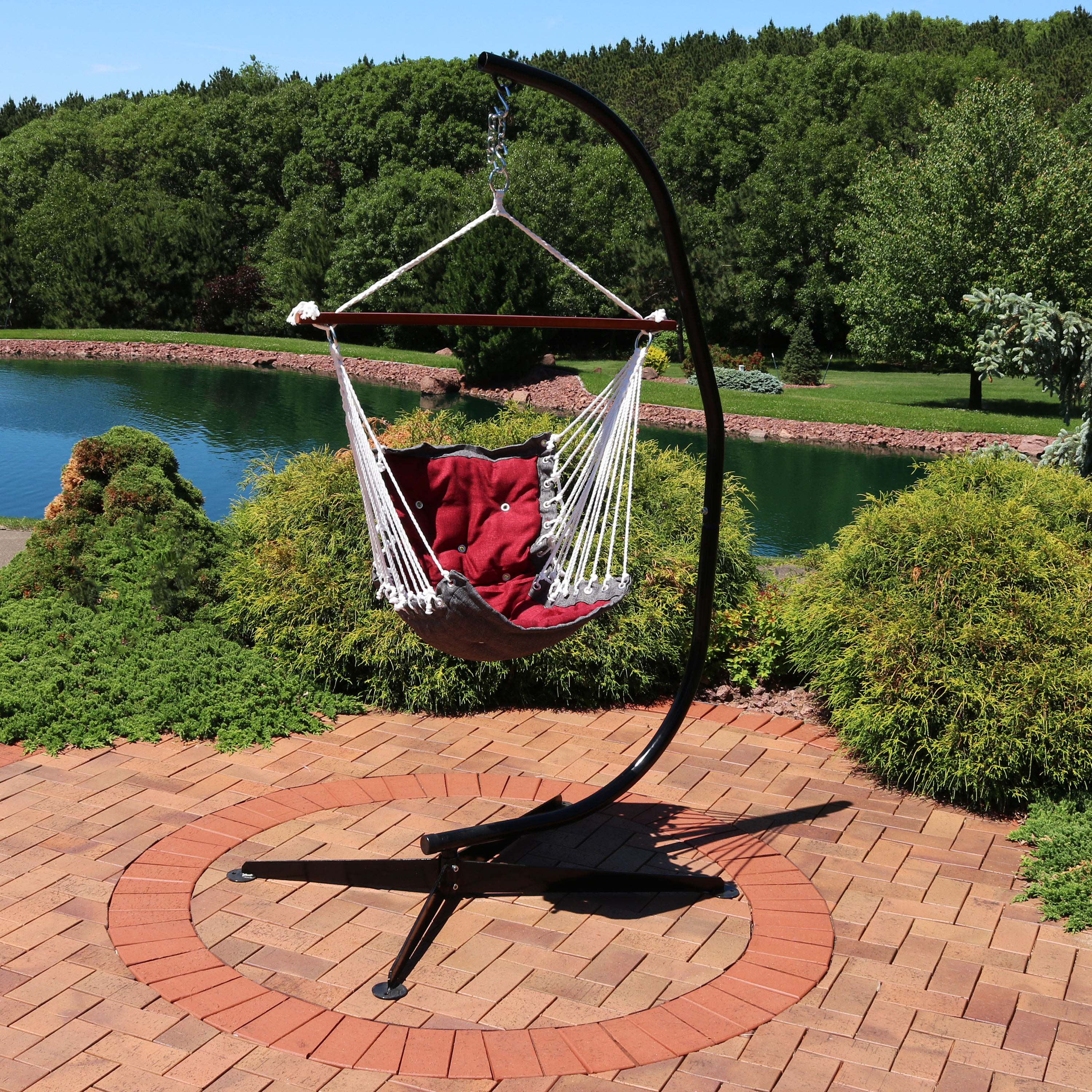 Sunnydaze Decor LY-TFHS-RED-COMBO Hammock Swing and C-Stand Combo for Indoor or Outdoor Use Red Fabric Hammock chair with Stand