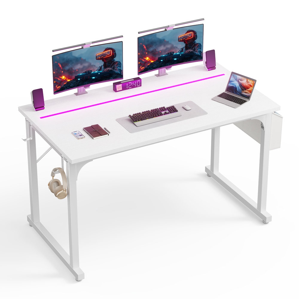 Raybee 48-in W Carbon Fiber Computer Desk with Waterproof LED Lights Gaming Desk with Headphone Hook and Side Pocket Home Office Writing Desk White