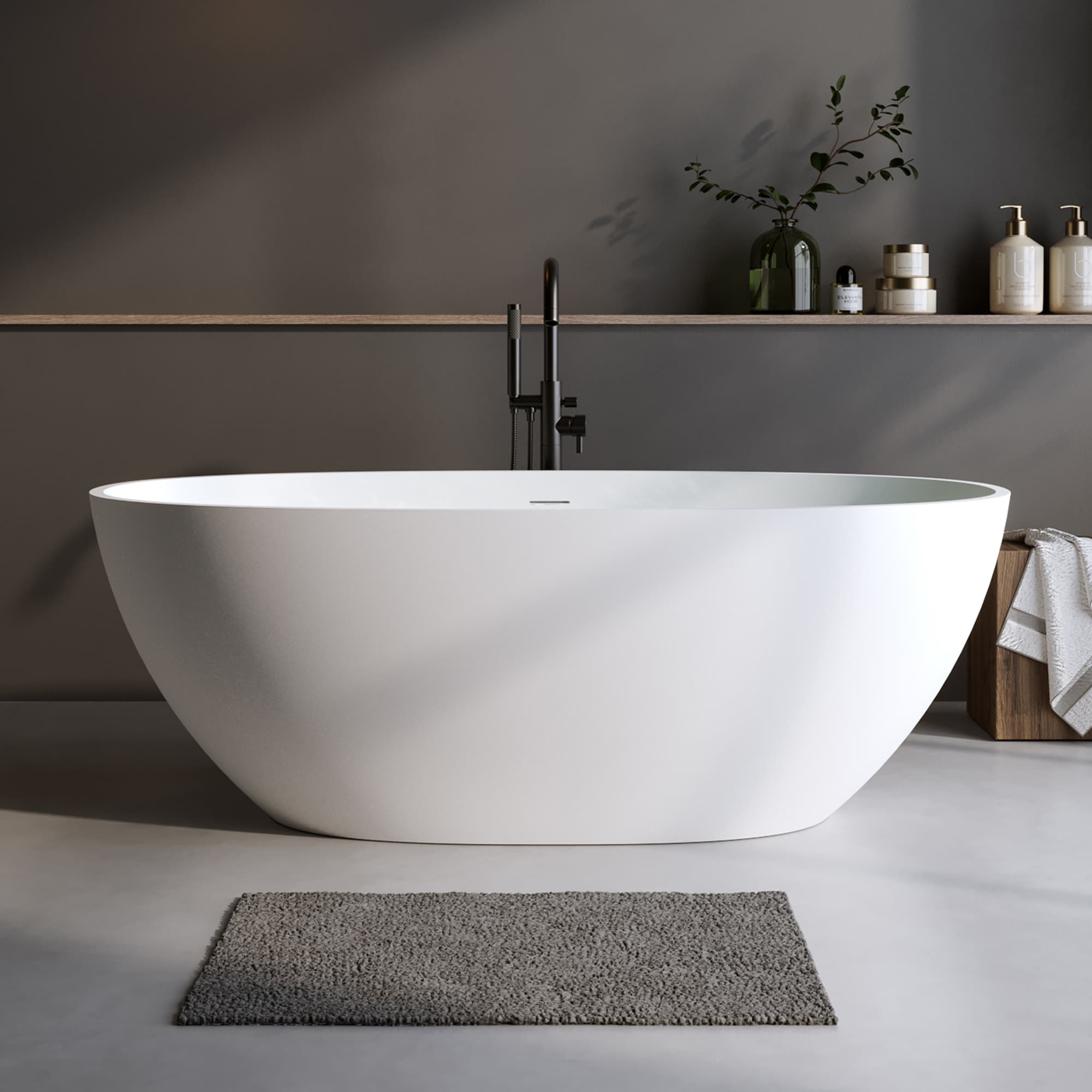 Boho Havens 55 InchSolid Surface Matte Tub Solid Surface Soaking Tub Stone Resin Freestanding Bathtub Thick Edge Stand Alone Tubs with Overflow Pop-up Drain Matte White (Oval)