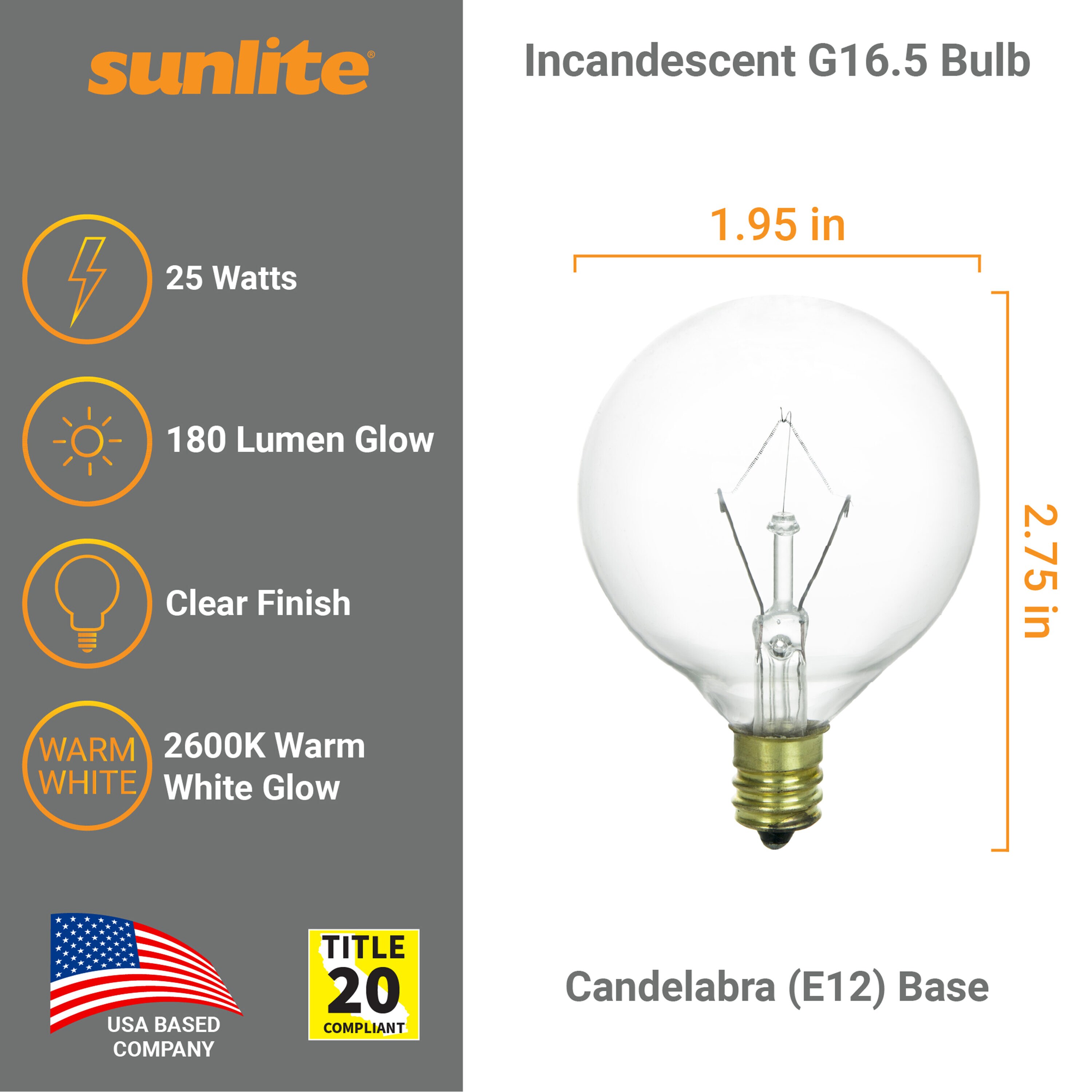 Clear Globe Incandescent Light Bulbs, 25W, E12 Base, 12 Pack