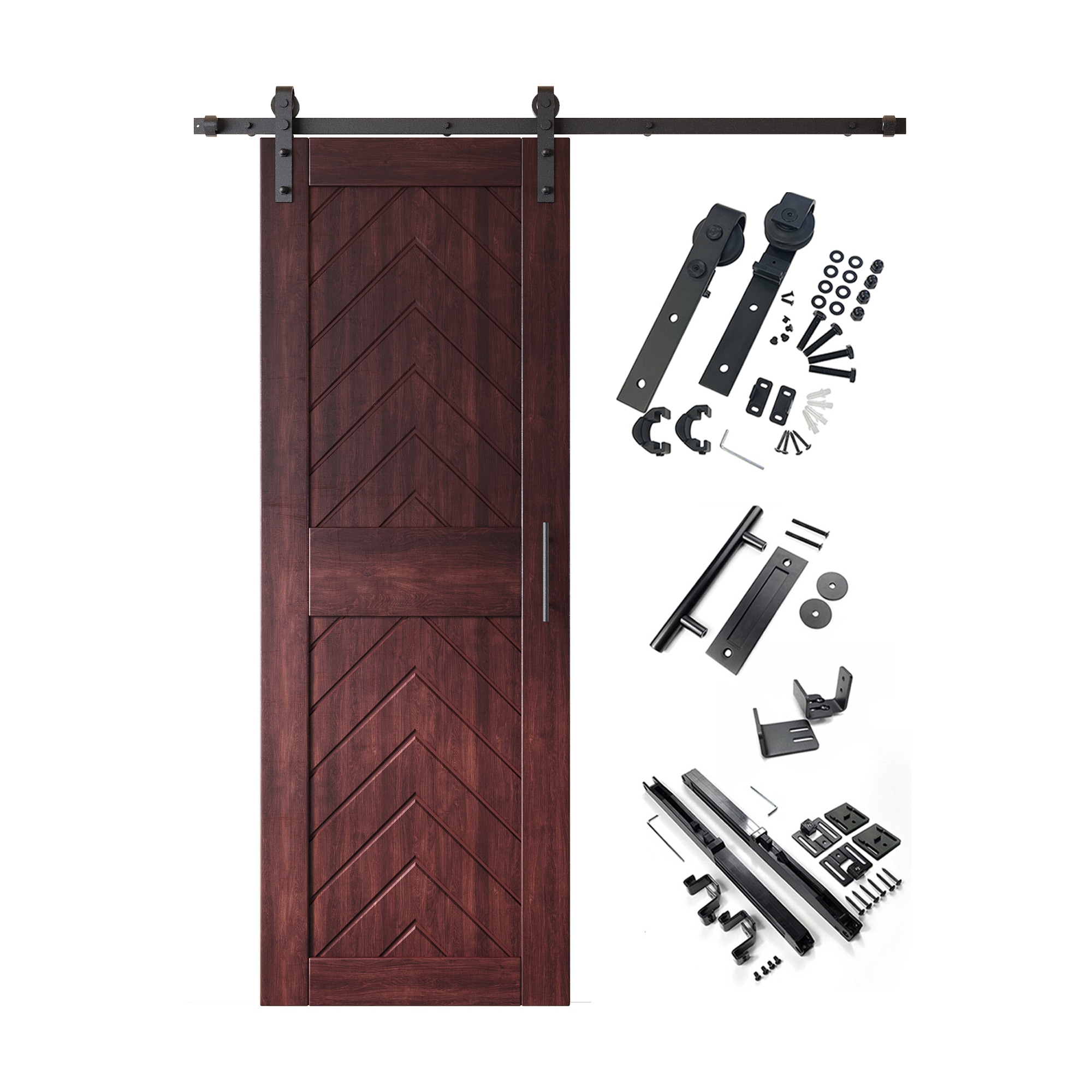 HOMACER YT1H054C-JT1-2684-RD 26-in x 84-in Red Mahogany Herringbone Pine Wood Solid core Single Barn Door (Hardware Included)