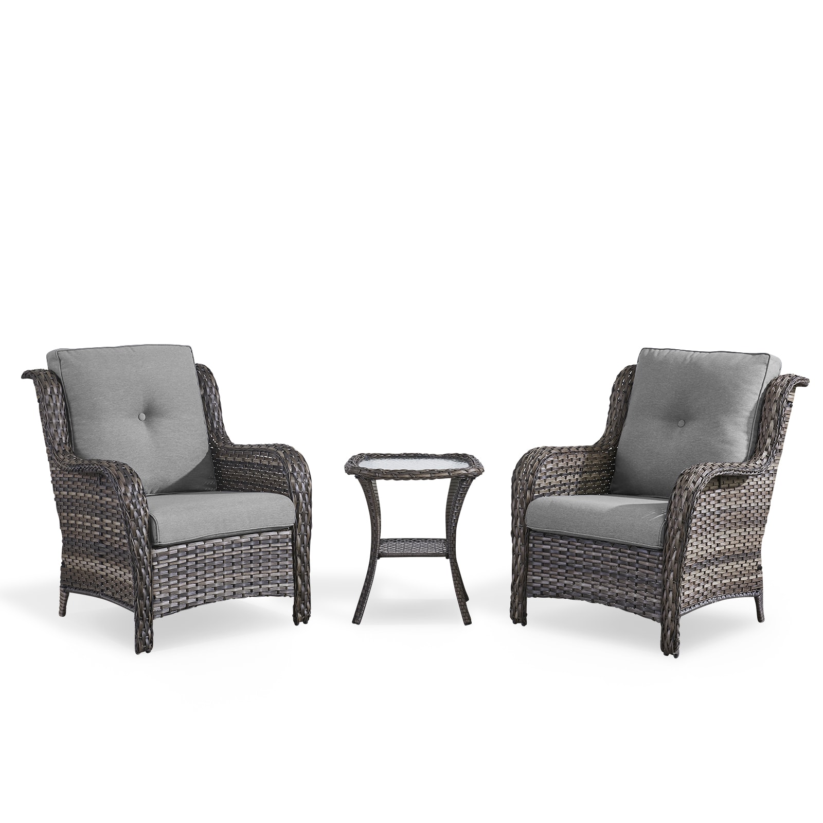Rilyson FS017026-2 Curved armrest Set of 2 Wicker Gray Wicker Frame Stationary Conversation Chair with Gray Gray Cushioned Seat