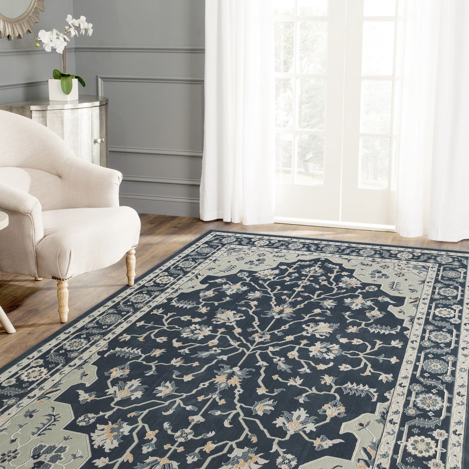 Reversible Gray Synthetic 5' x 7' Kids Area Rug with Floral Design