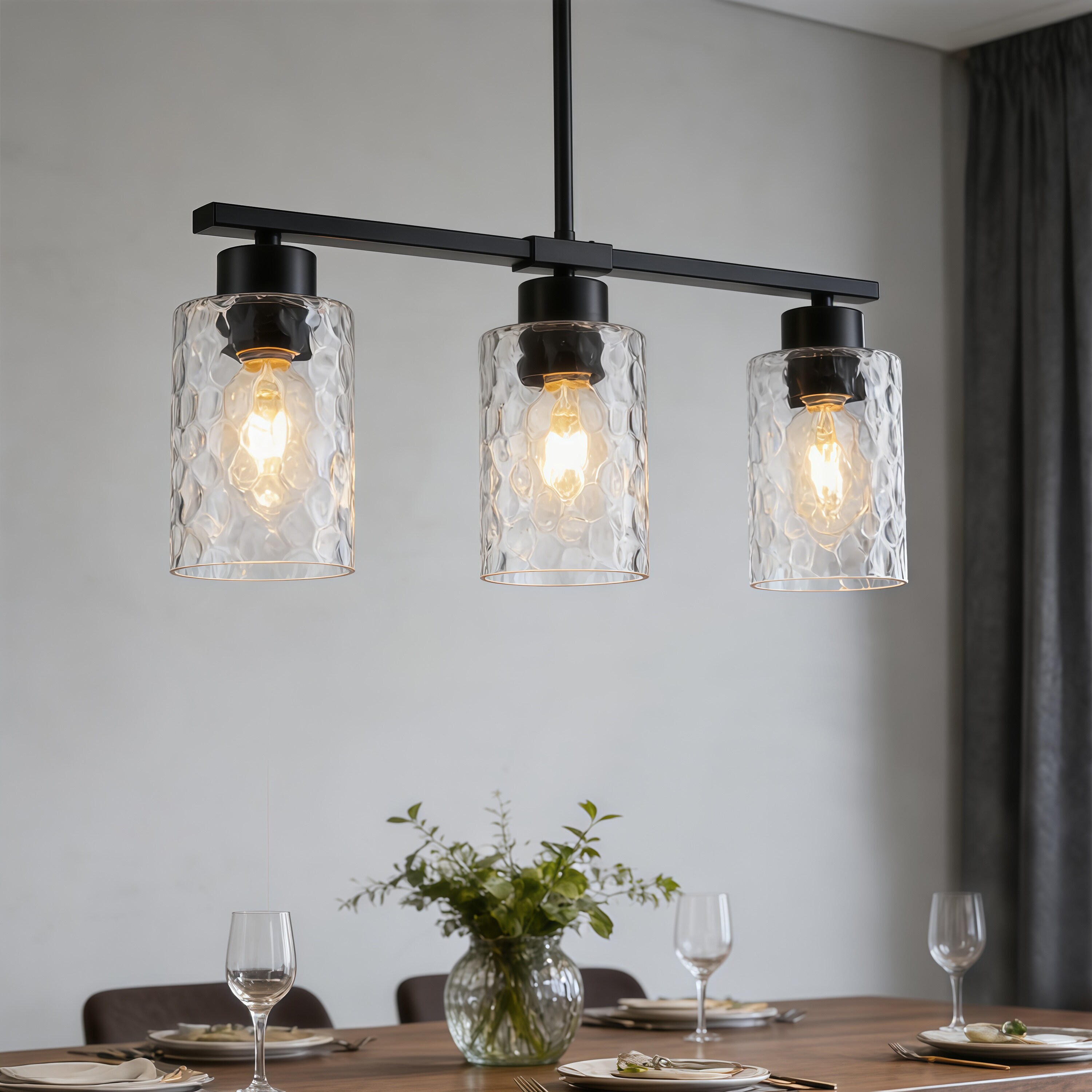 GoYeel 3 -Light Black Modern/contemporary Textured glass Linear Hanging Kitchen Island Light