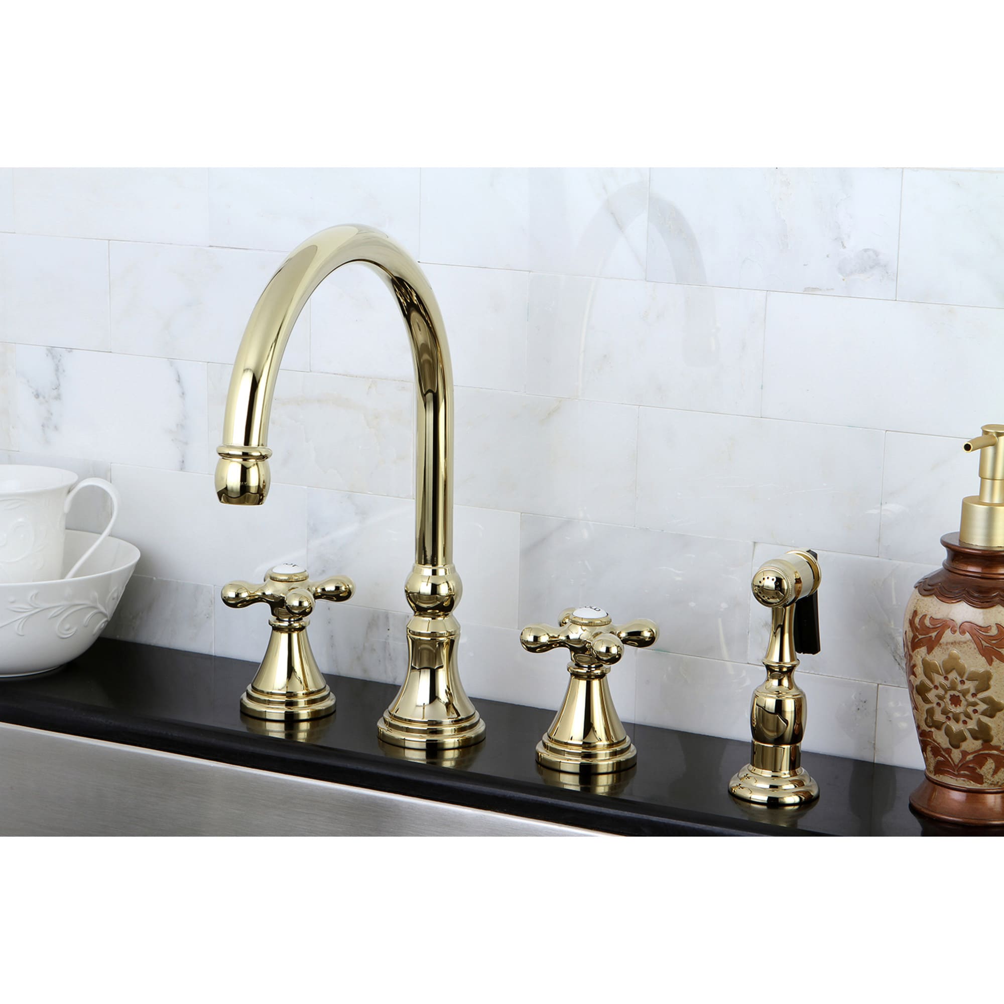 Kingston Brass WLKS2792AXBS Governor Polished brass Double Handle Deck-mount Kitchen Faucet with Sprayer ( Side Sprayer Included )