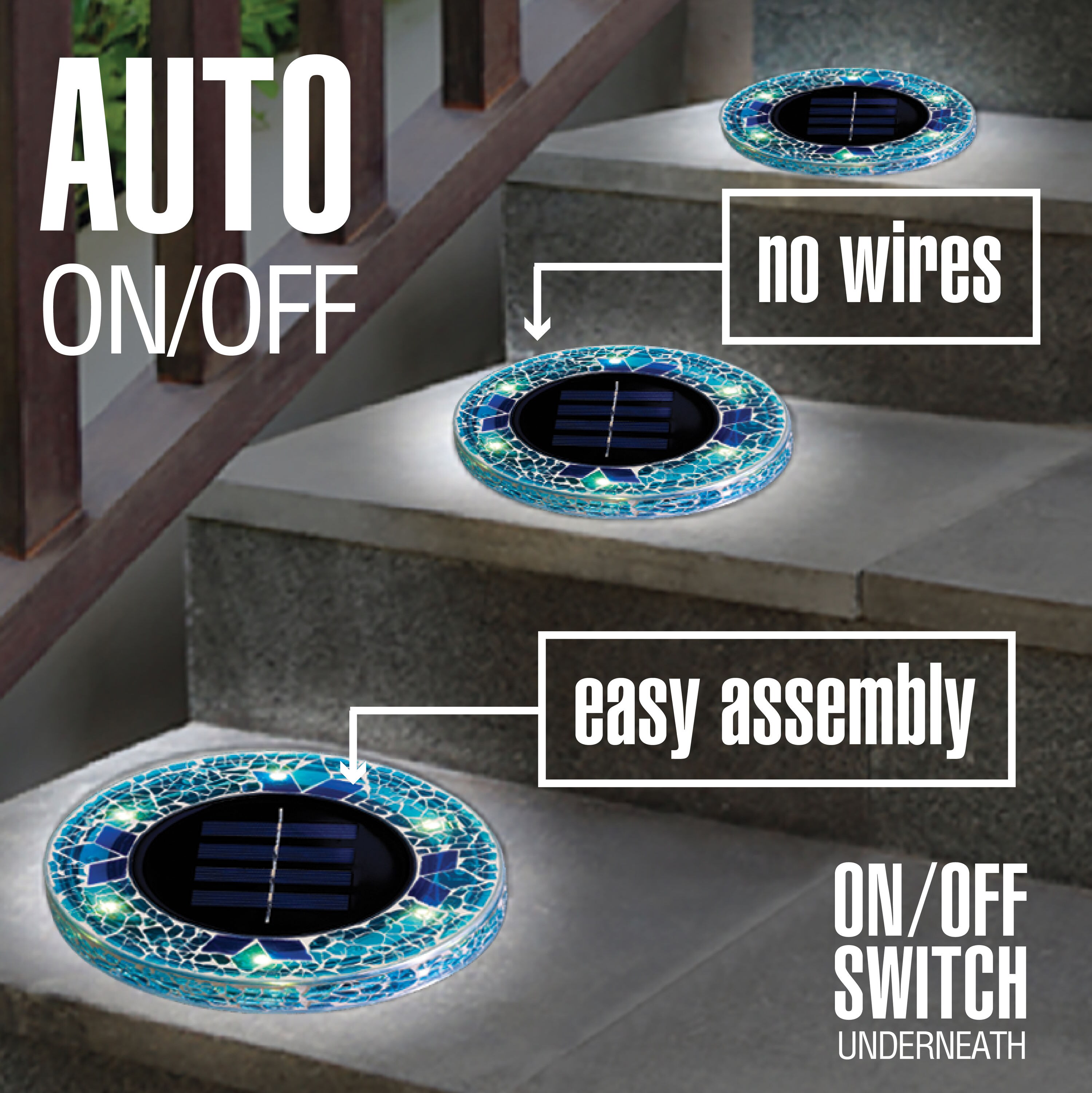 Blue Mosaic Solar Powered LED Disk Lights Set of 4