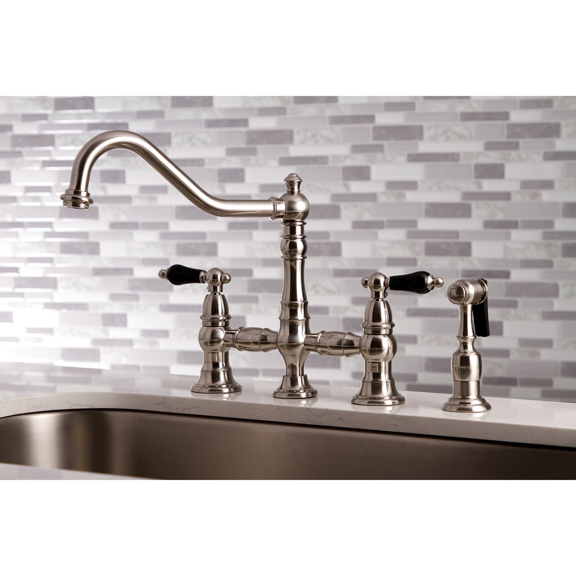 Kingston Brass WLKS3278PKLBS Duchess Brushed nickel Single Handle Deck-mount Handle Residential Bridge Kitchen Faucet with Sprayer ( Side Spray Included )