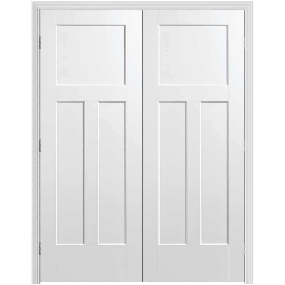 Masonite 640969 60-in x 80-in Primed Solid core 3-panel Bi-parting Smooth Primed Molded composite Split Jamb Double Prehung Interior Door 356 Casing