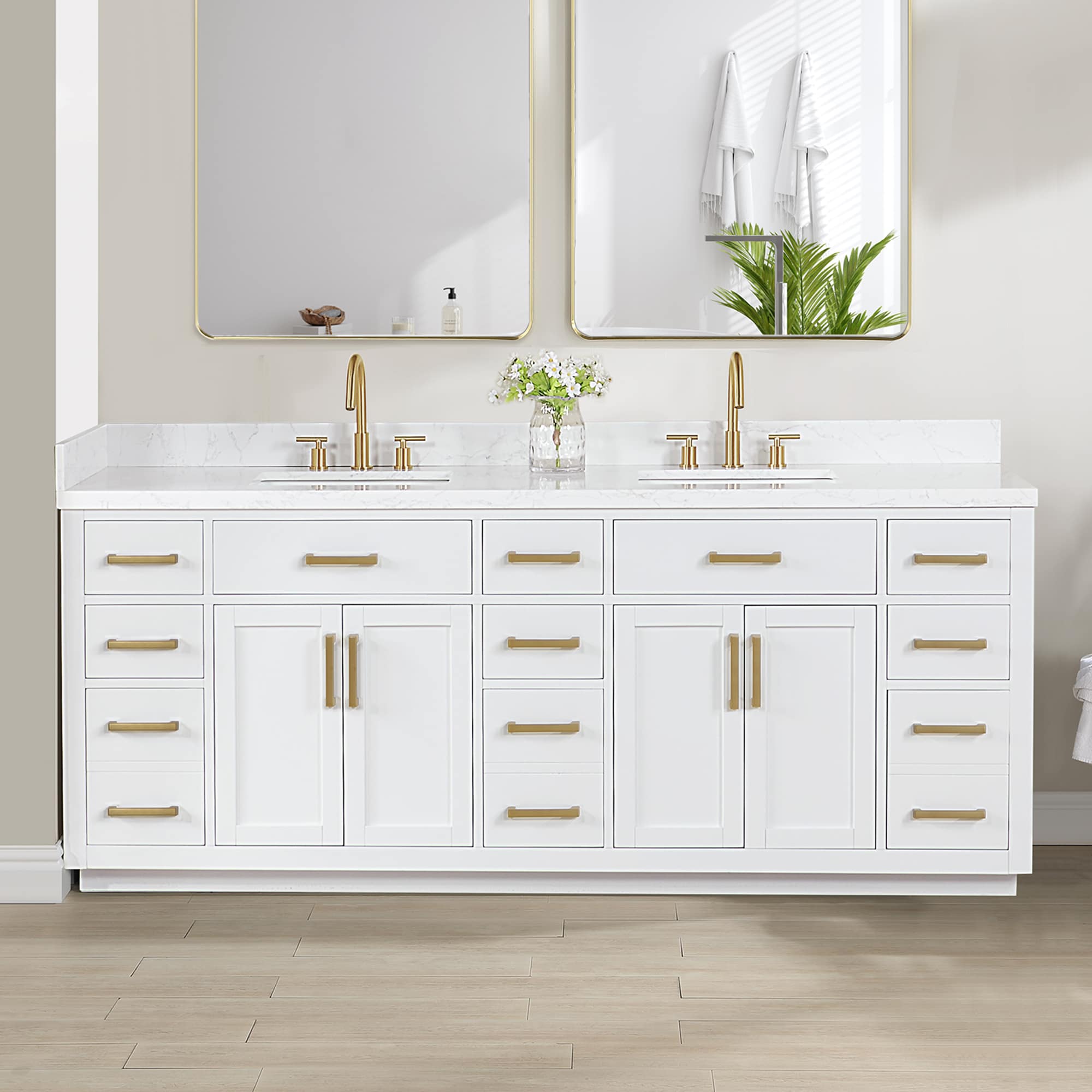 Altair 557084-WH-GW-NM Gavino 84-in White Finish Undermount Double Sink Bathroom Vanity with Grain White Engineered Stone Top