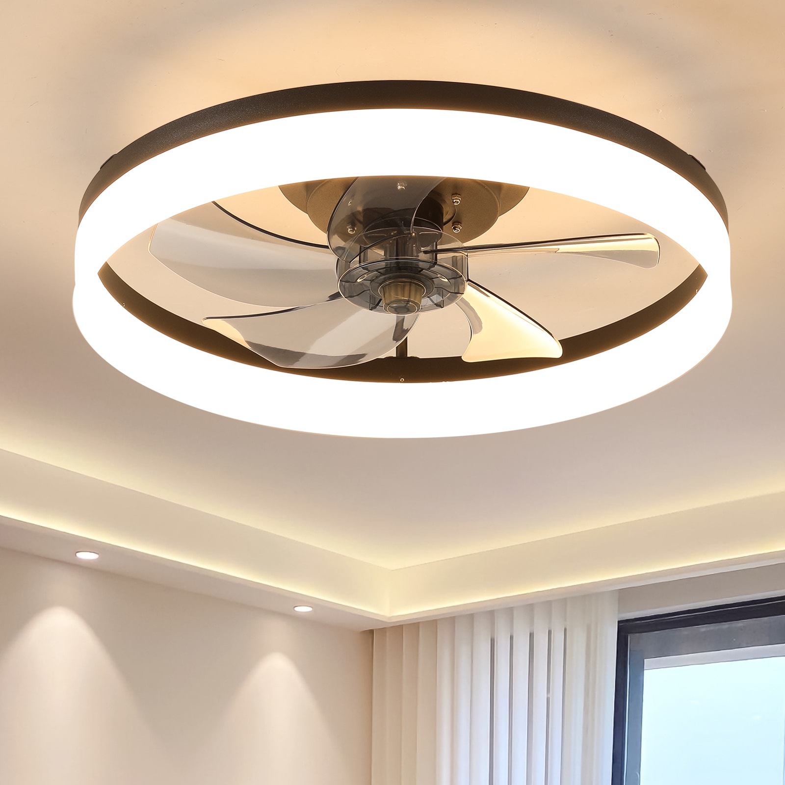 WELLFOR AMAS-C02 22-in Color-Changing Integrated LED Flush Mount White with Smoke Ash Blades Ceiling Fan With Light - Remote Included ( 5 -Blade )