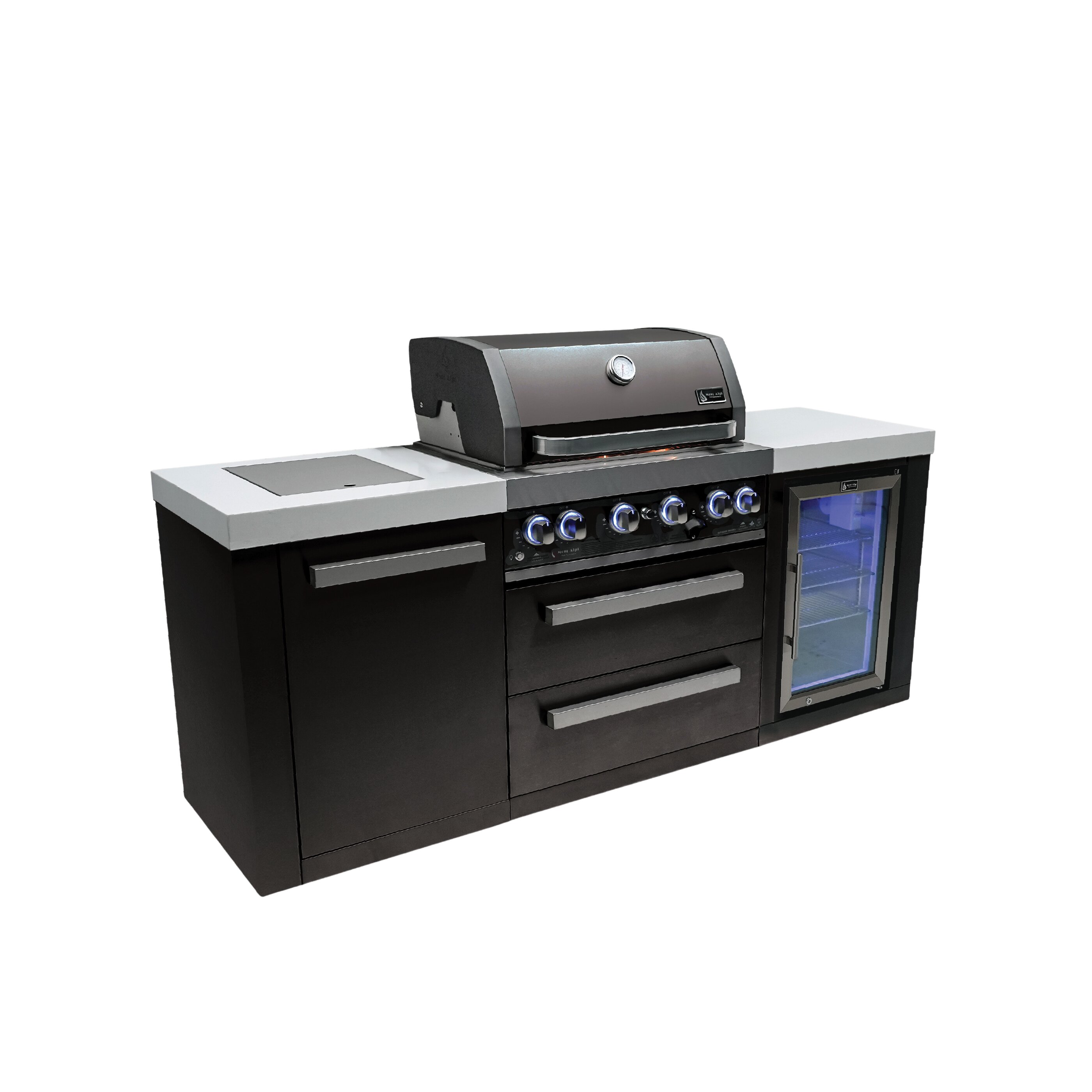Mont Alpi Mont Alpi 400 Black Series Modular Outdoor Kitchen Islands 82-in W Modular Outdoor Kitchen Grill island with 6 -Burners Gas Grill, Stainless steel White Granite Countertops / Black Stainless Steel Grill Island Slab Door