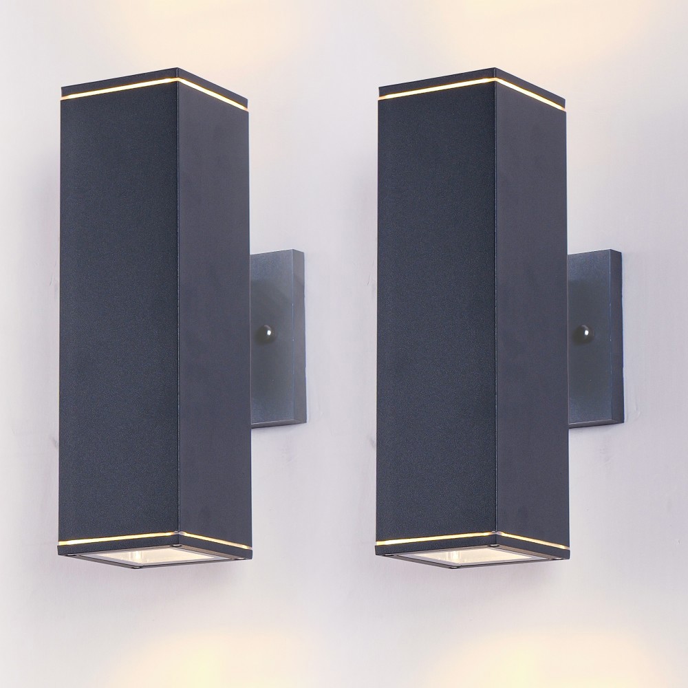 Basdien 12 in Matte Black 2 Light 2 Pack Outdoor Wall Lights Modern Square Porch Light Square Cylinder Up Down Lights Aluminum Waterproof IP65 for Patio Garage Entryway Deck E26 Socket Compatible with LED CFL Bulbs Not Included