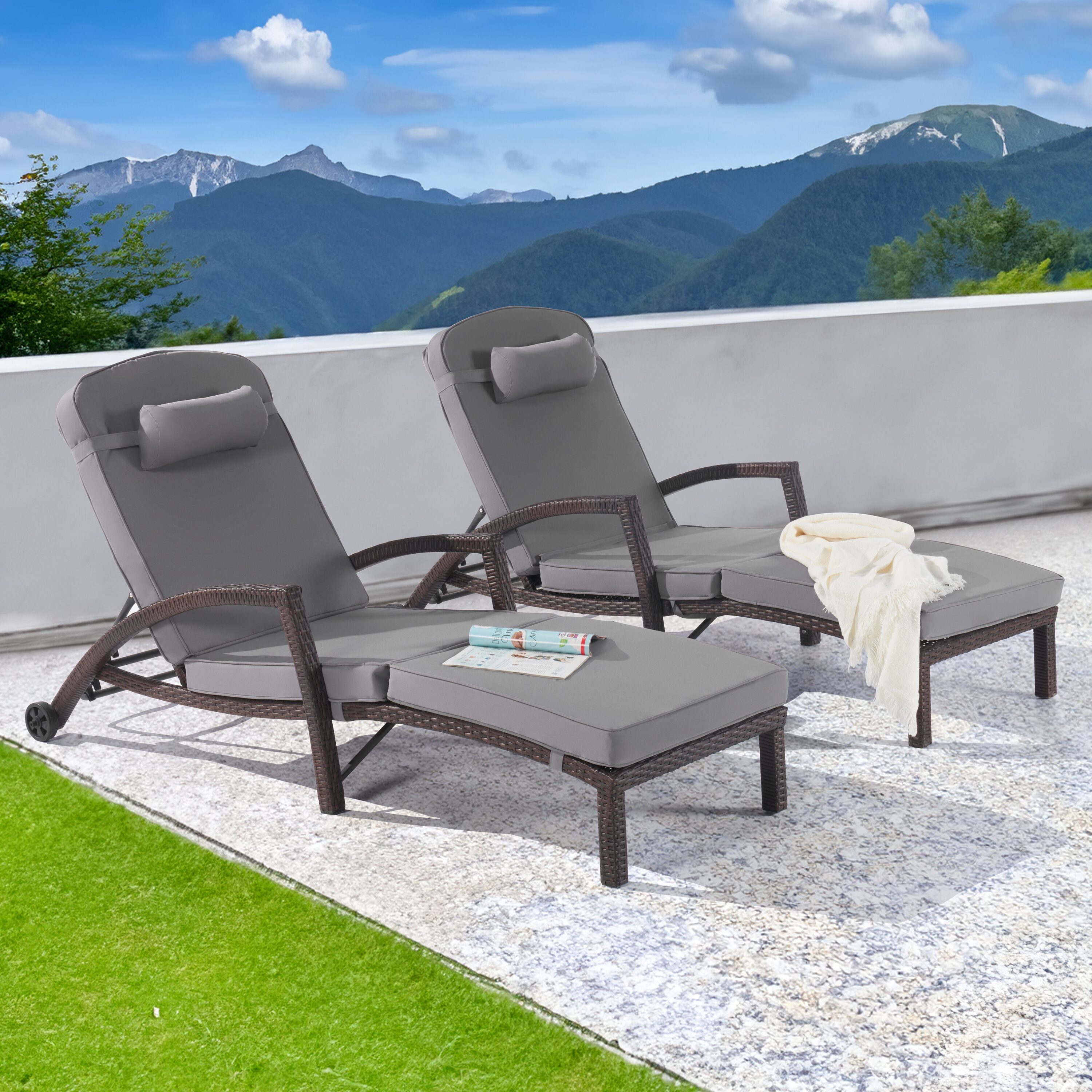 SANSTAR L-LG-02-LY Patio Chairs Set of 2 Wicker Black Metal Frame Stationary Chaise Lounge Chair with Light gray Cushioned Seat