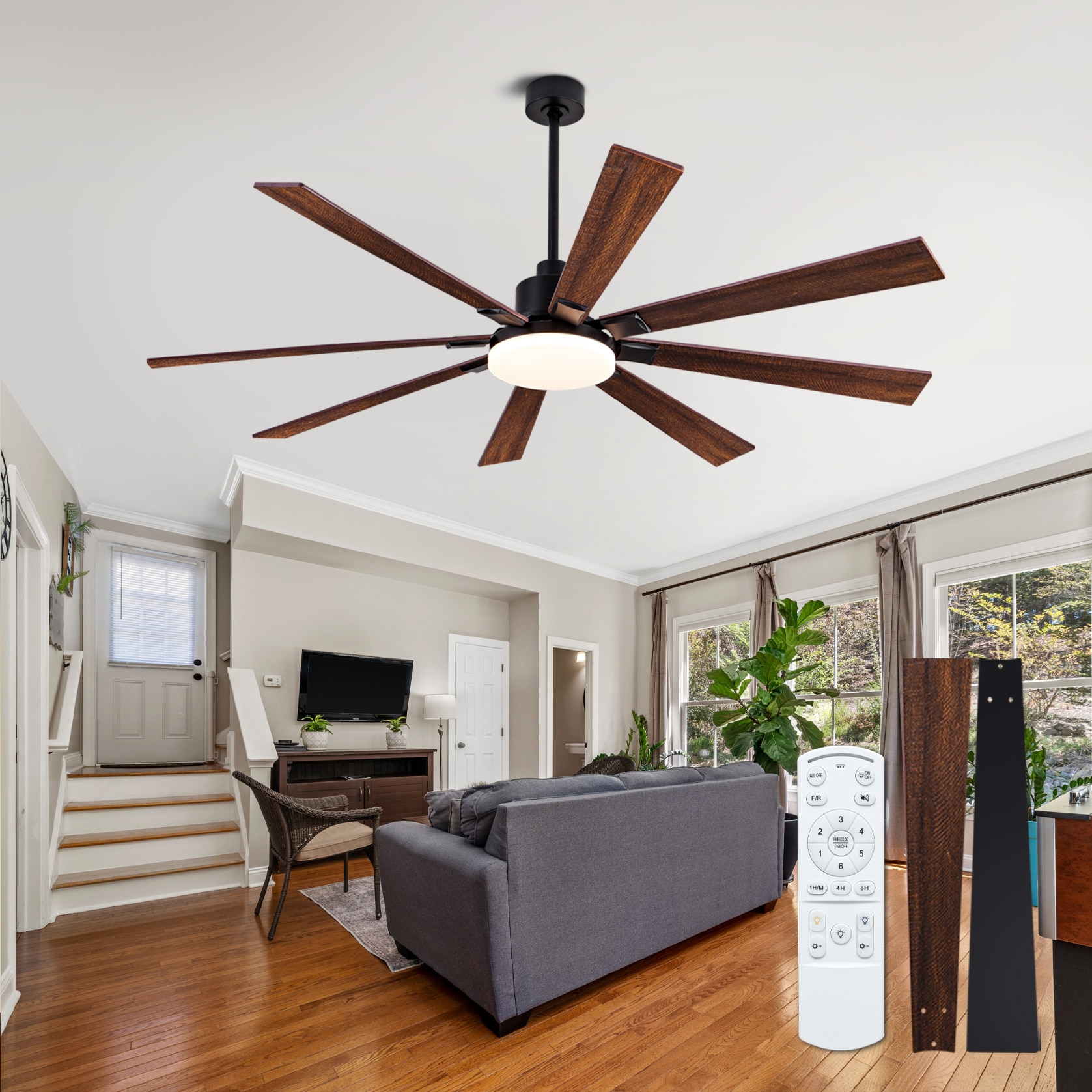 YOTOO 72 Inch 8 Solid Wood Blades Ceiling Fan with Light Damp Rated 10 and 20 Inch Downrods DC Motor 6 Speed Reversible Dimmable 3 CCT Memory Timer Remote for Living Room Patio Garage