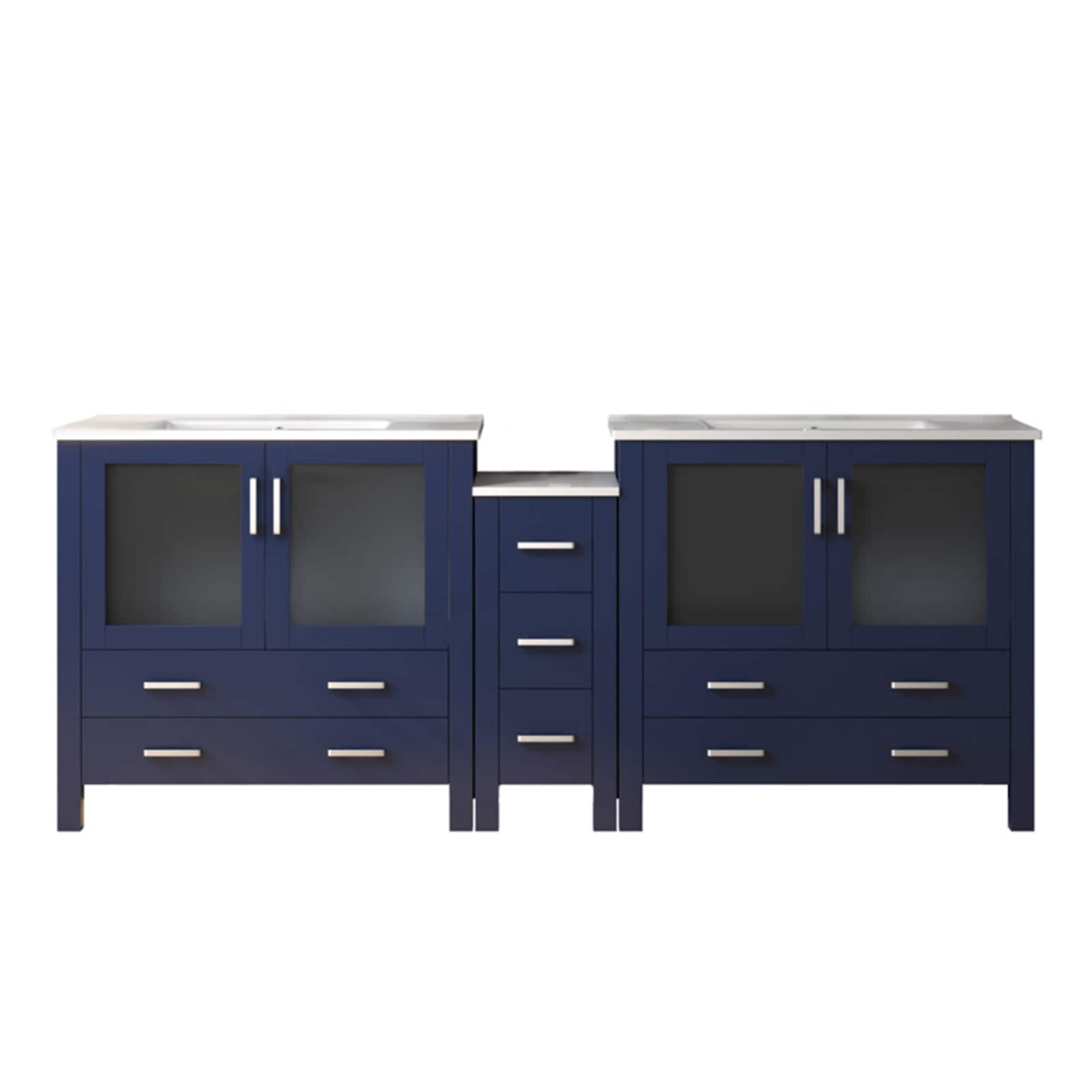 Lexora LVV84D36E600 Volez 84-in Navy Blue Double Sink Bathroom Vanity with White Ceramic Top
