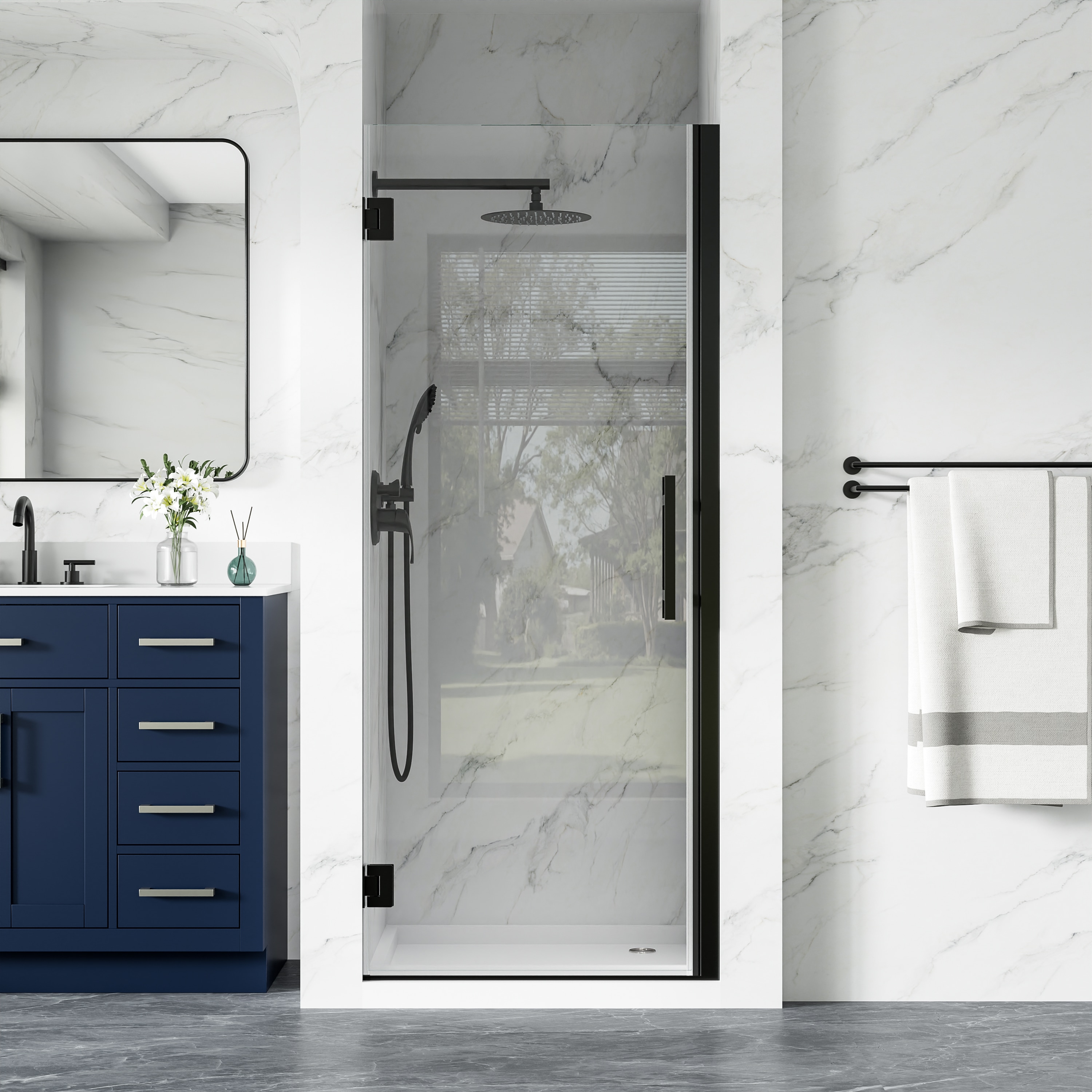Forclover UNSD Reversible Door Matte Black 31-in to 32-in W x 72-in H Frameless Clear Glass Hinged Shower door
