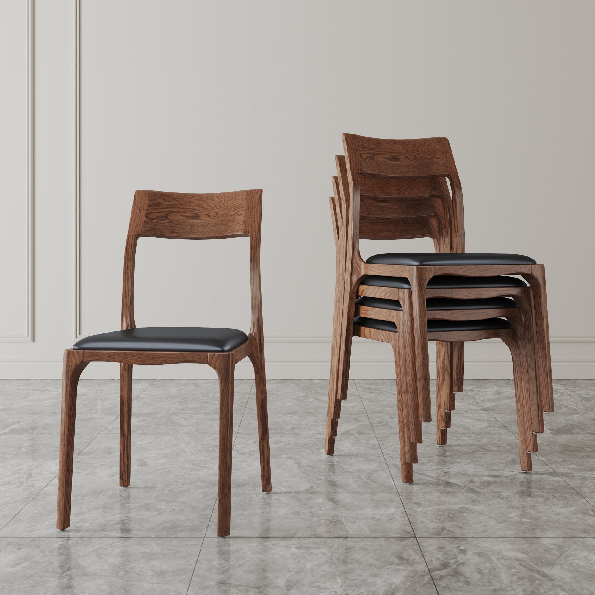 Moderno Walnut and Black Stackable Dining Chairs Set