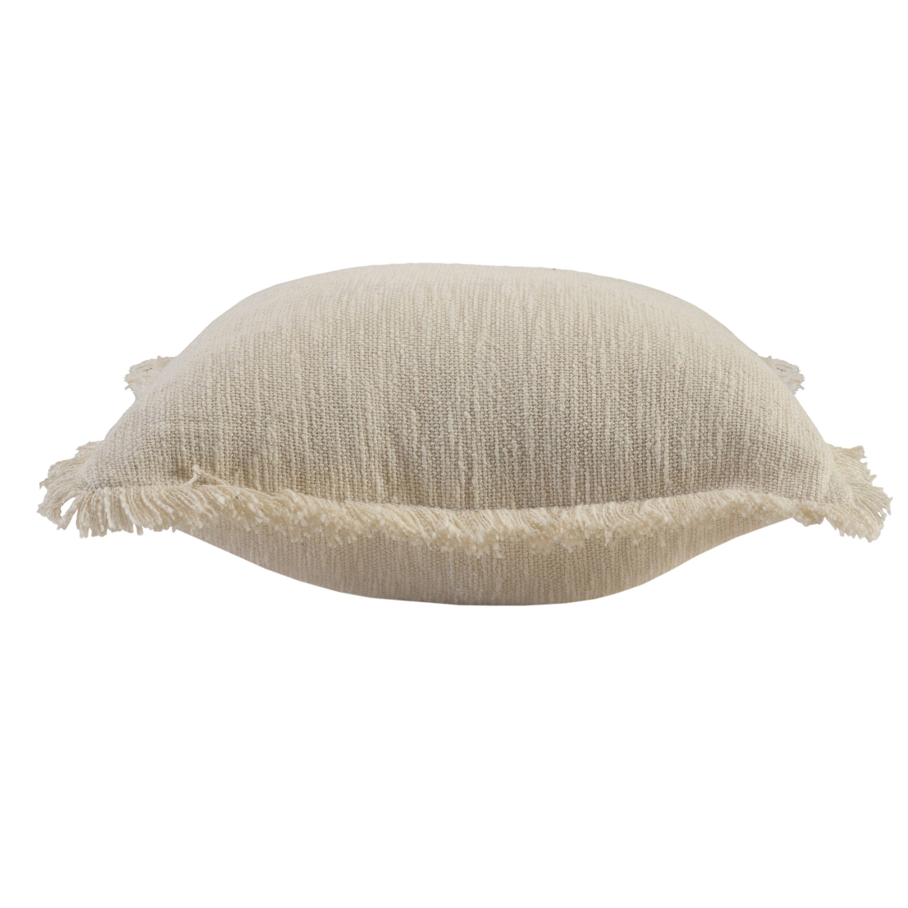Off-White Cotton 20" Square Fringed Throw Pillow