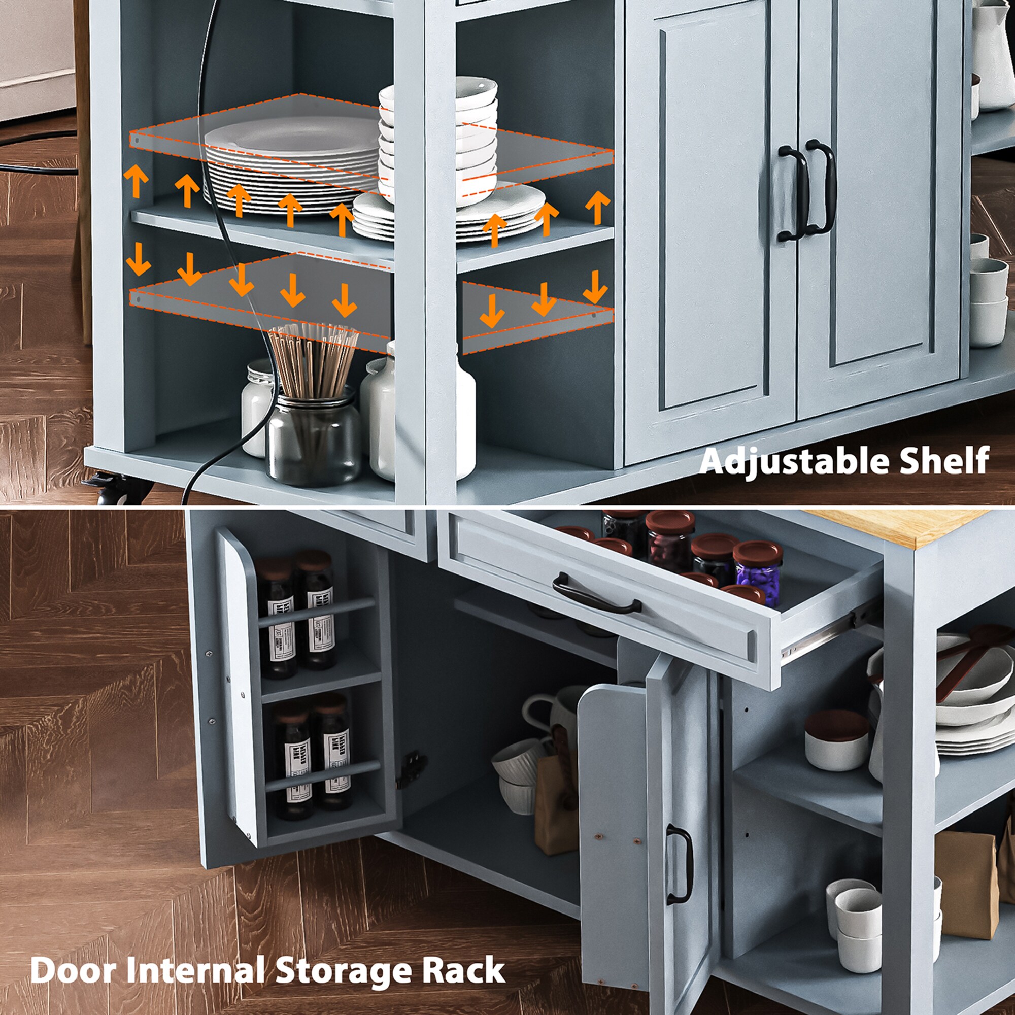 Bybafun Gray Mdf Base with Mdf Wood Top Rolling Kitchen Island (15.8-in x 56.3-in x 37.1-in)