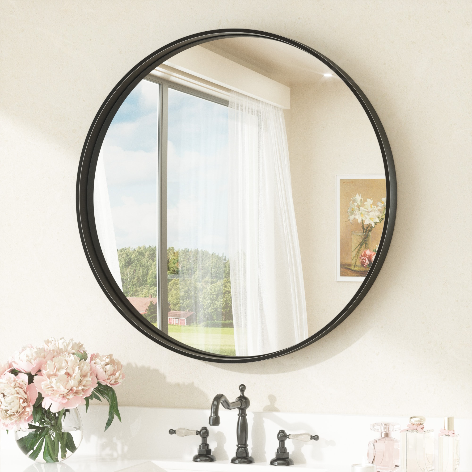 Keonjinn LW-JZ-YXJSK-R60BK Bathroom Mirrors 24-Inches W x 24-Inches H Round Matte Black Framed Wall Mirror