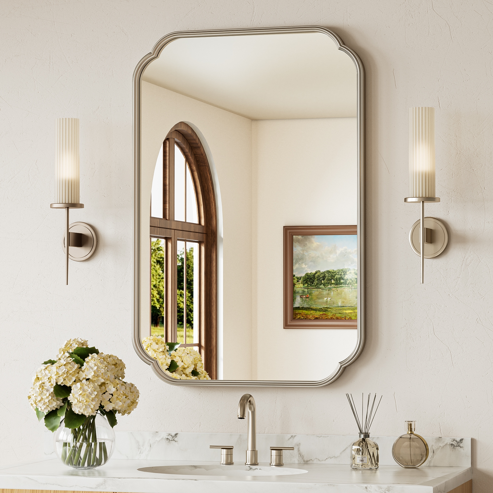 TETOTE Bathroom Mirror 24x36 Inch Brushed Nickle Rectangle Scalloped Vanity Mirror For Bathroom Bedroom Enterway Framed Wall Mirror #LSC-TE-2436RN-B95