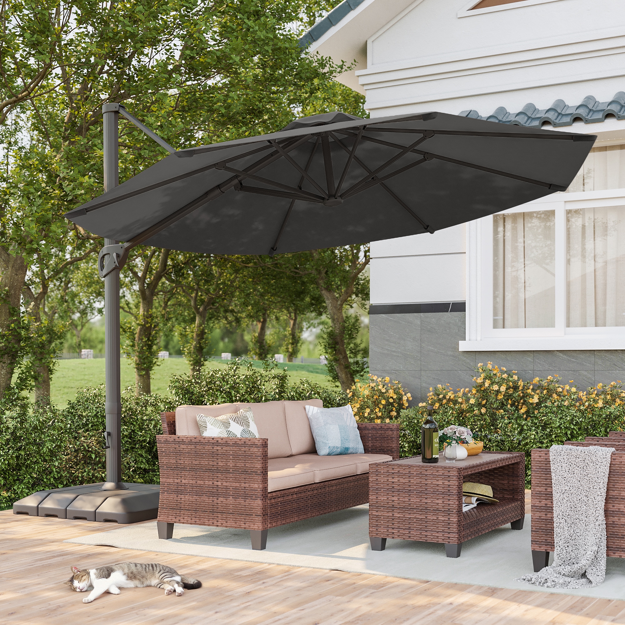 ACEGOSES LW-1159BK-LED-WB 11-ft Aluminum Black No-tilt Cantilever Patio Umbrella with Base