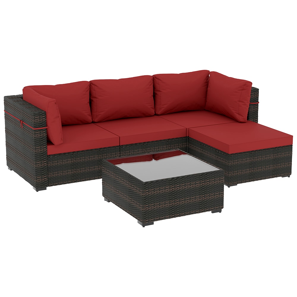UPHA TBSF-BE-RED Wicker Patio Conversation Set 5 -Piece Wicker Patio Sofa Conversation Set with Red Cushions