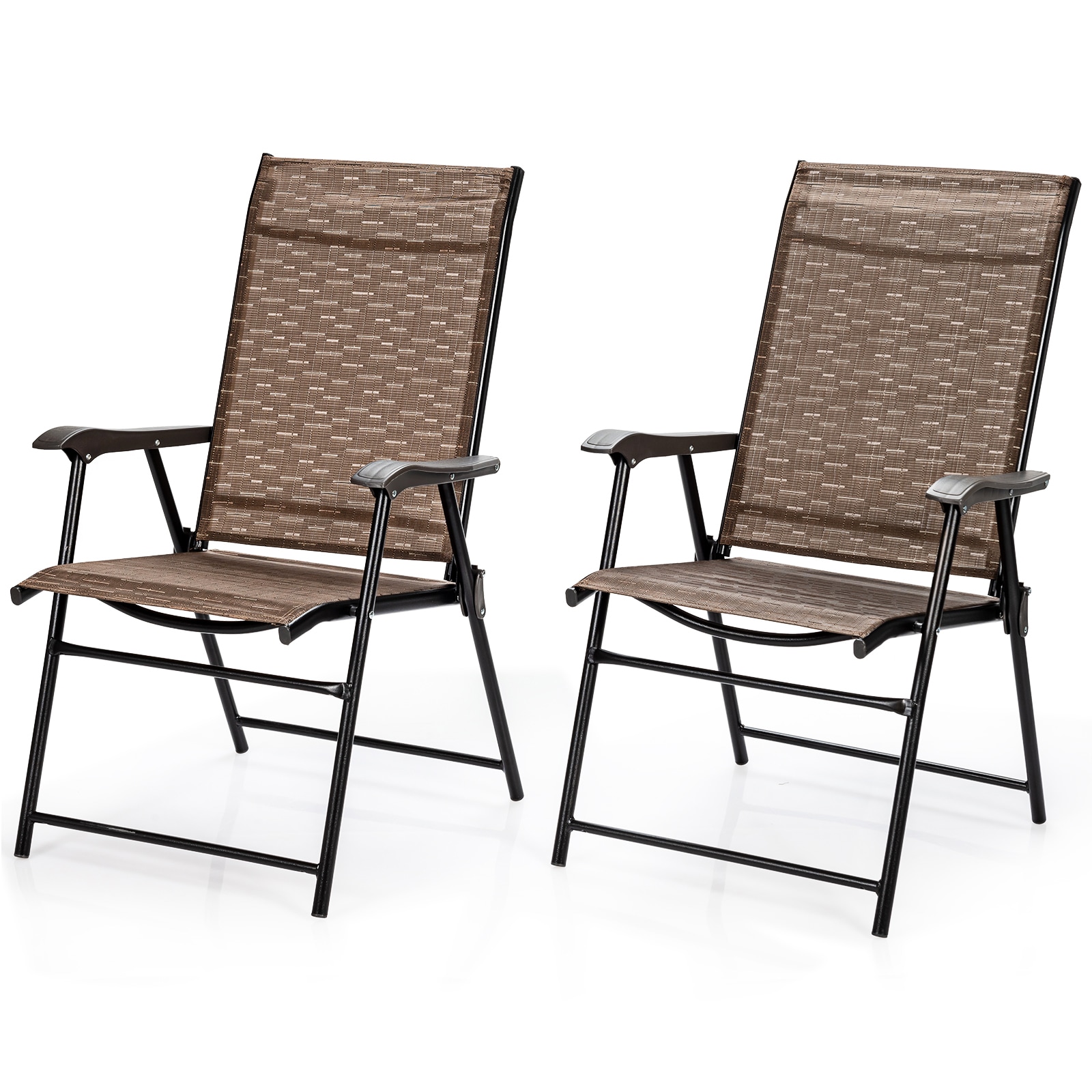 Brown Steel Frame Foldable Patio Dining Chairs with Mesh Seats, Set of 2