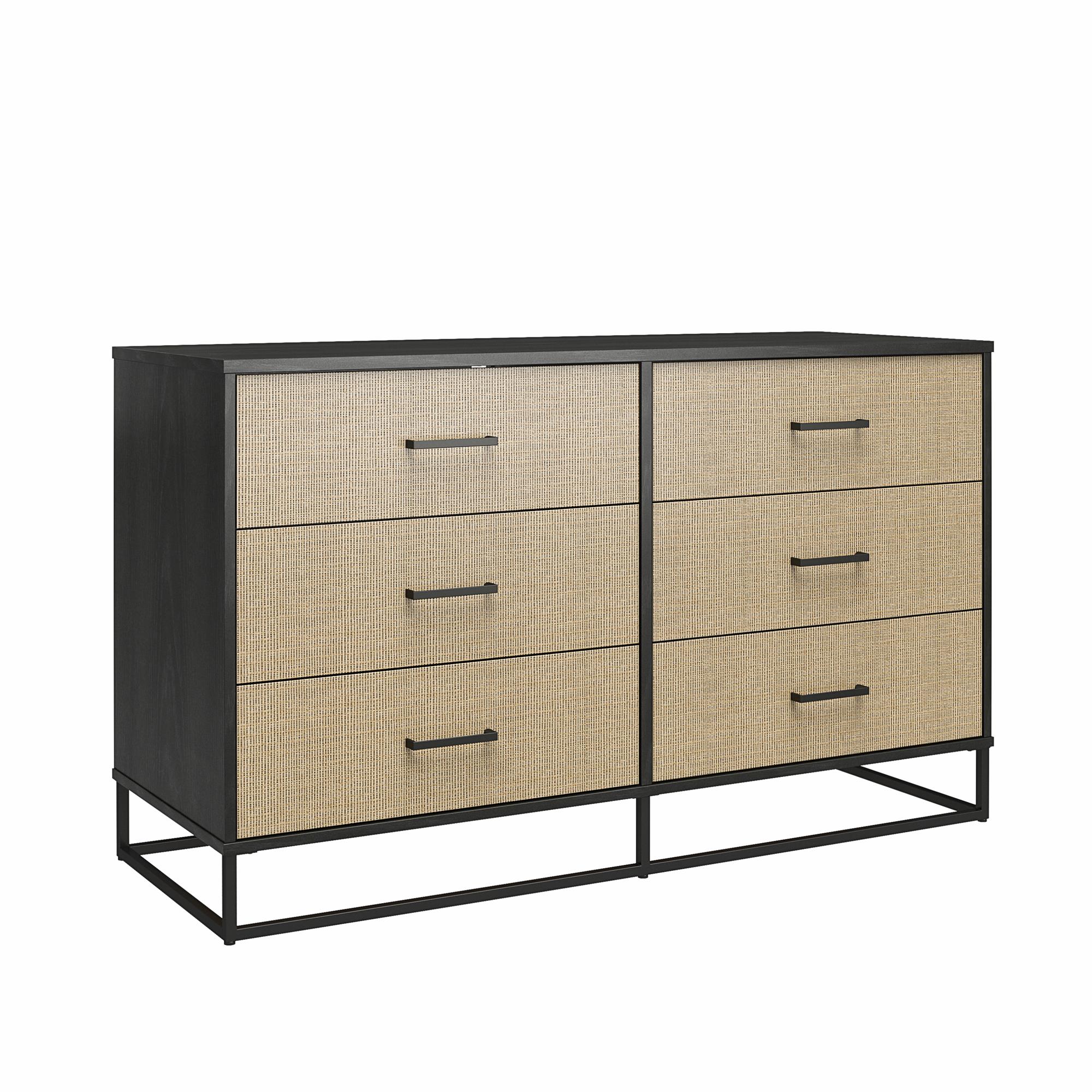 Coastal Black Oak & Faux Rattan 6-Drawer Dresser