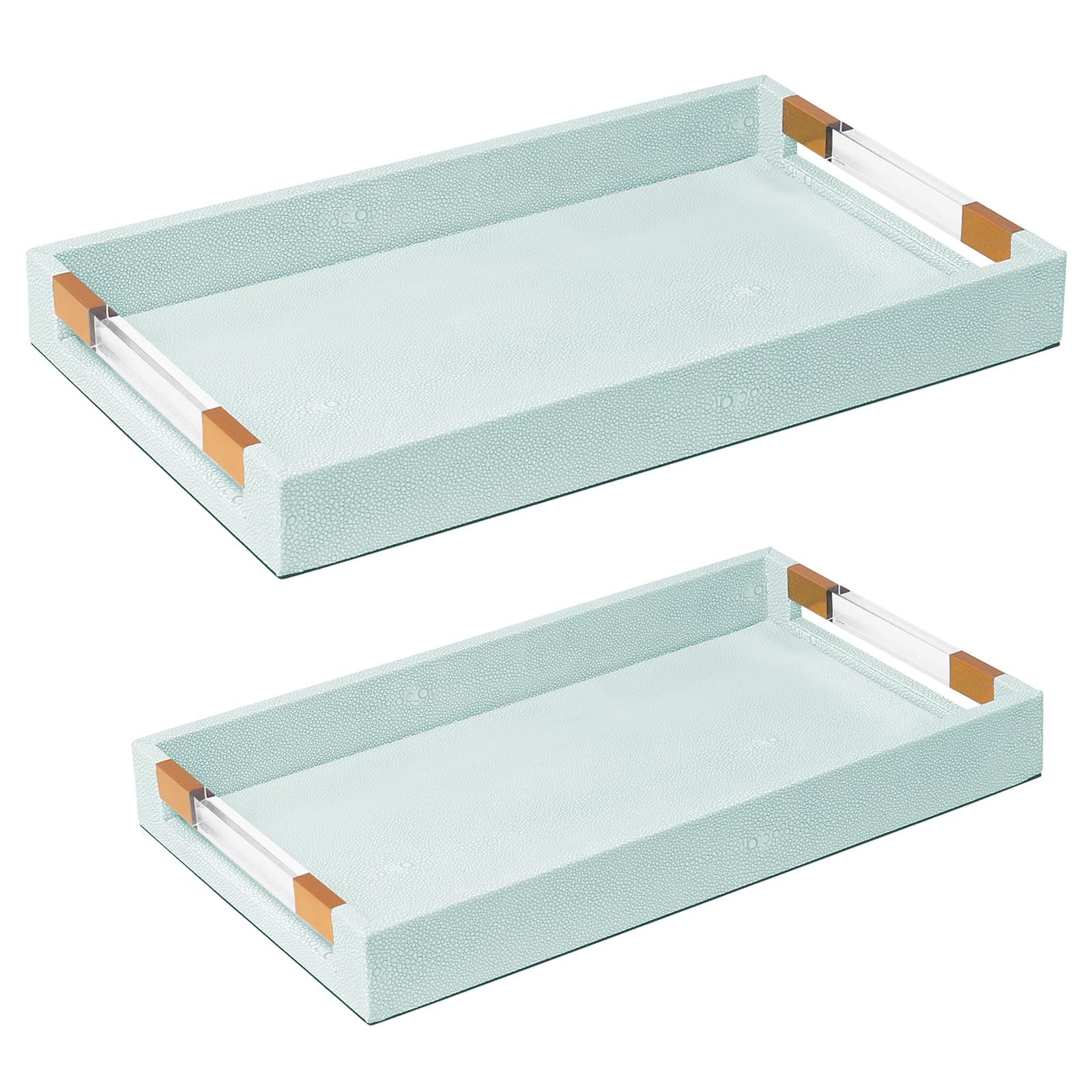 Phewnyzo 2 Pack Large Ottoman Tray Set with Shagreen Vegan Leather Ice Blue Finish and Acrylic Gold Handles for Coffee Table Decor #LPW0827W707