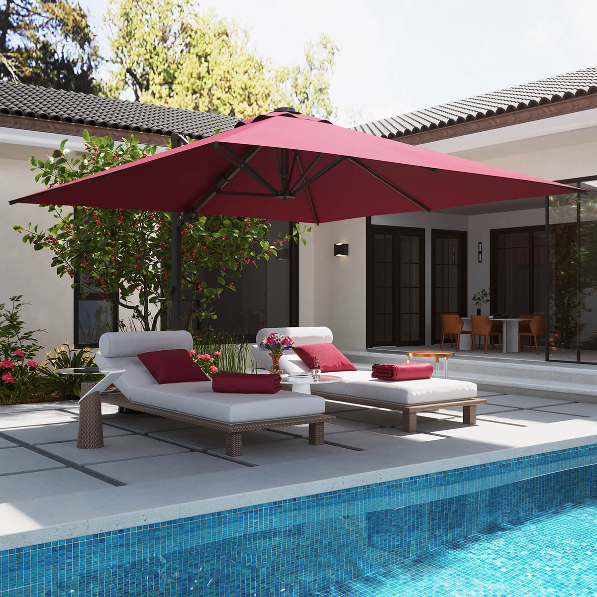 Mondawe MO-LEDMY01RD-B 10-ft Aluminum Red Cantilever Patio Umbrella with Lights with Base