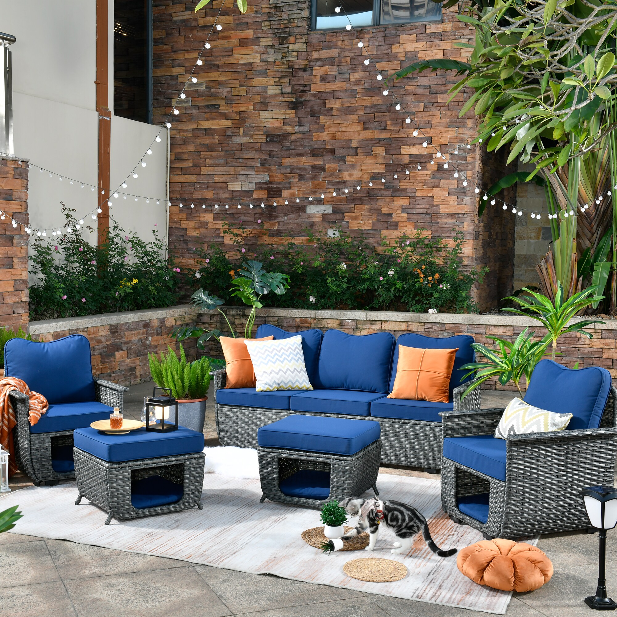Ovios 5 Pieces Patio Conversation Set With Navy Blue Cushions In The Sets Department At Lowes Com