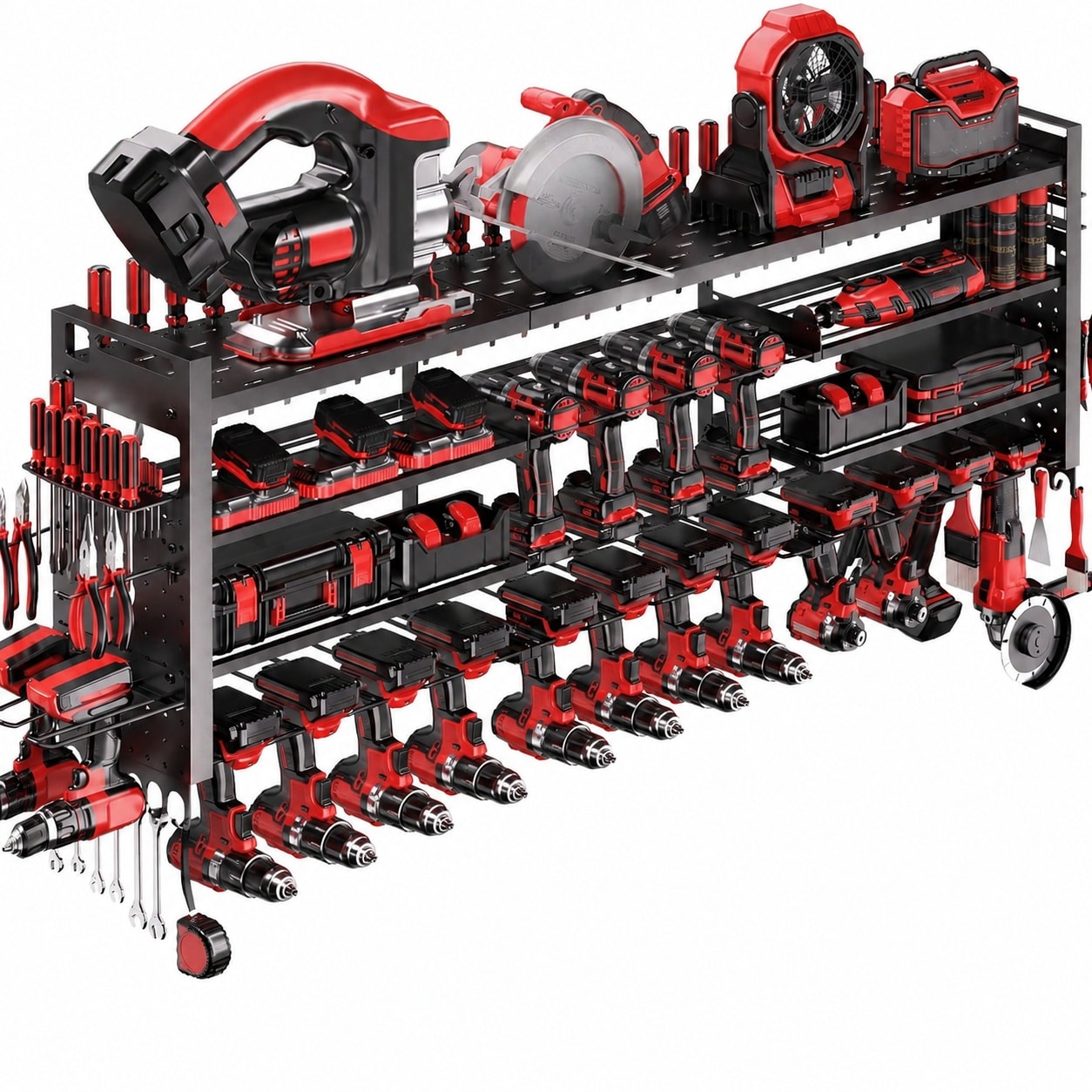 Ahfiwaso 49 8 inch Super Large Power Tool Organizer Wall Mount Heavy Duty Garage Storage Rack with 4 Layer Shelves and 18 Drill Holder 600 lb Capacity