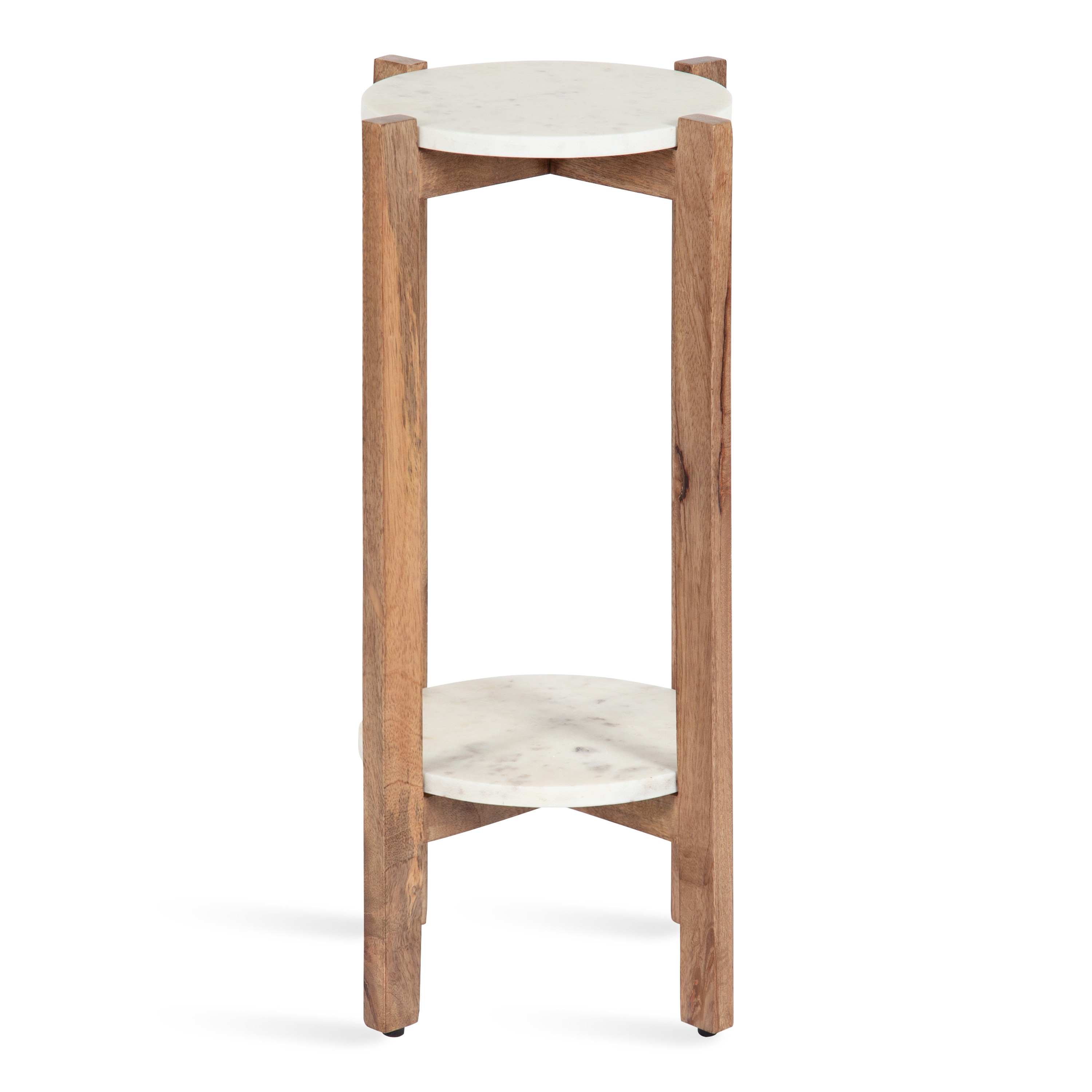 Natural Mango Wood and White Marble Round Two-Tier End Table
