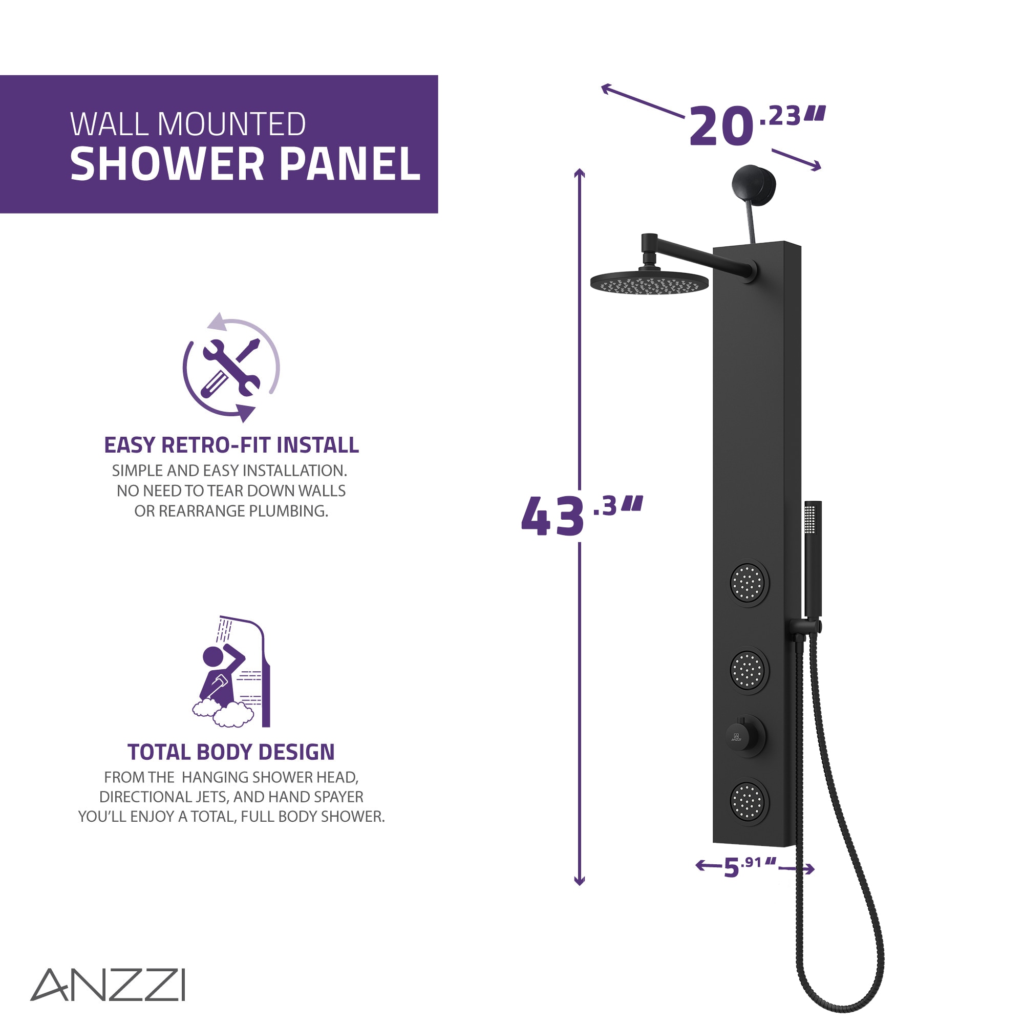 ANZZI SP-AZ080MB Showerhead-Bar-Panels - View #5